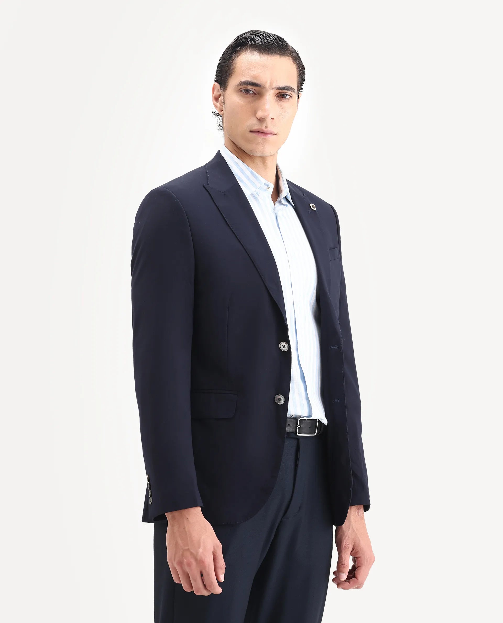 Rare Rabbit Men's Vitara Navy Cotton Plain Tailored Fit Full Sleeve Lapel Neck Blazer