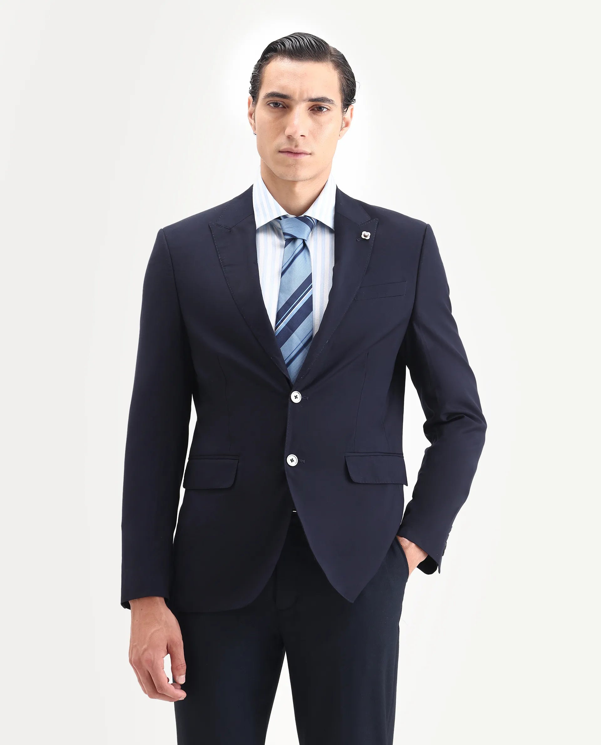 Rare Rabbit Men's Vitara Navy Cotton Plain Tailored Fit Full Sleeve Lapel Neck Blazer