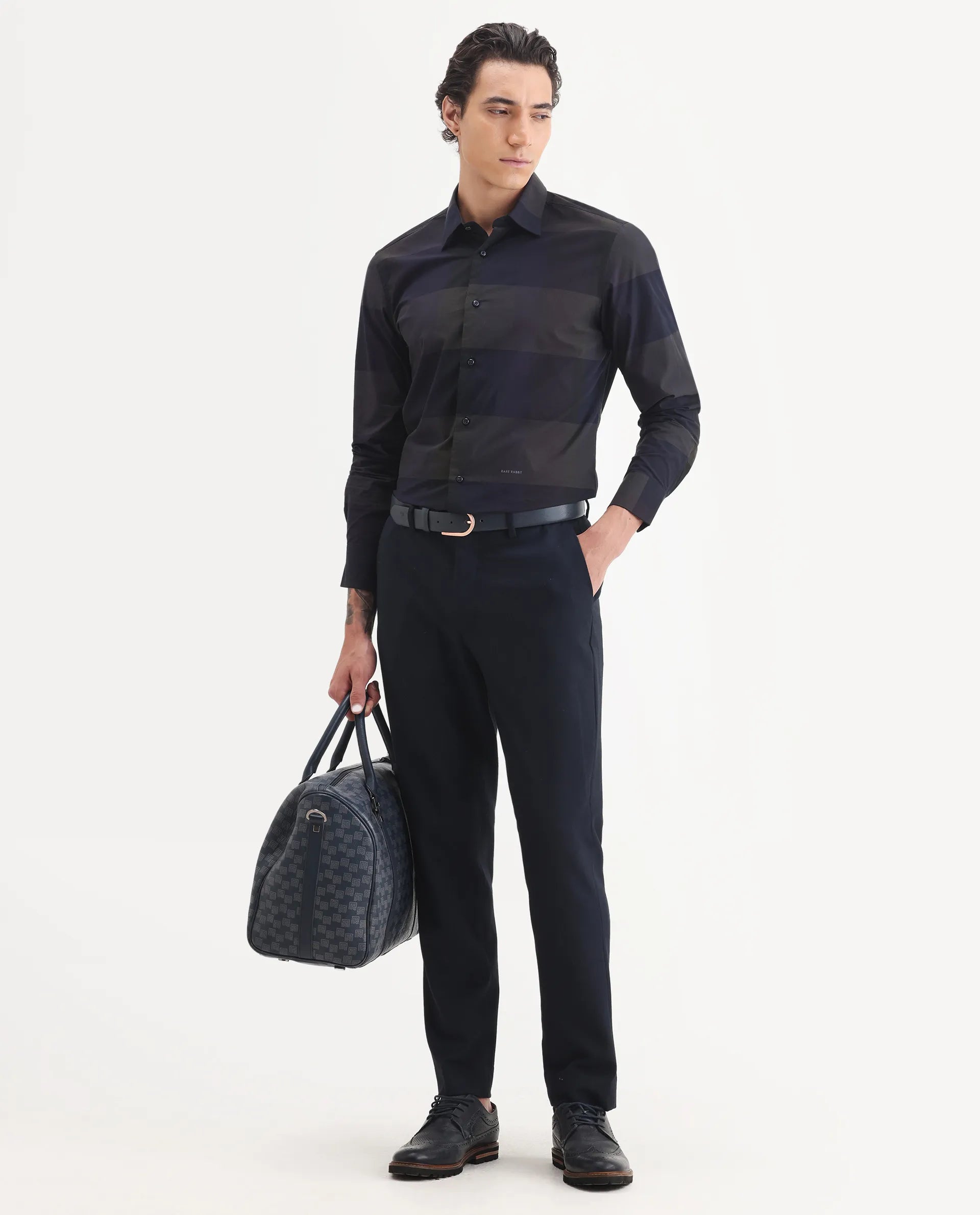 Rare Rabbit Men's Tronte Navy Cotton Checked Print Regular Fit Full Sleeve Collared Shirt