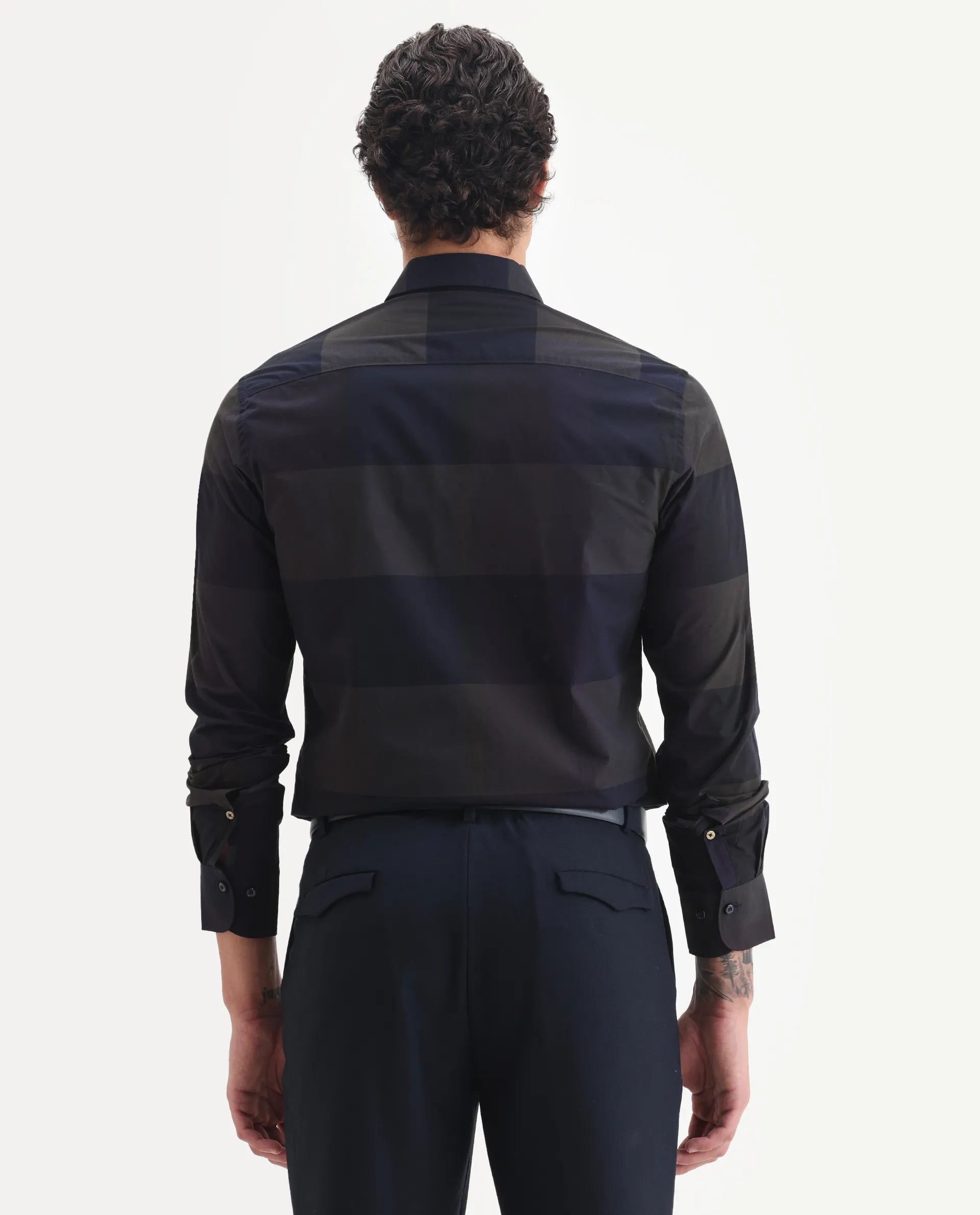 Rare Rabbit Men's Tronte Navy Cotton Checked Print Regular Fit Full Sleeve Collared Shirt