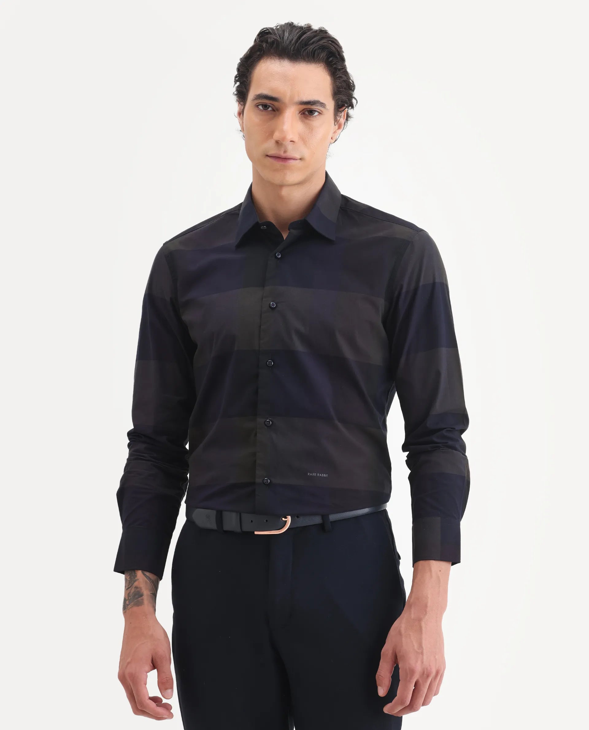 Rare Rabbit Men's Tronte Navy Cotton Checked Print Regular Fit Full Sleeve Collared Shirt