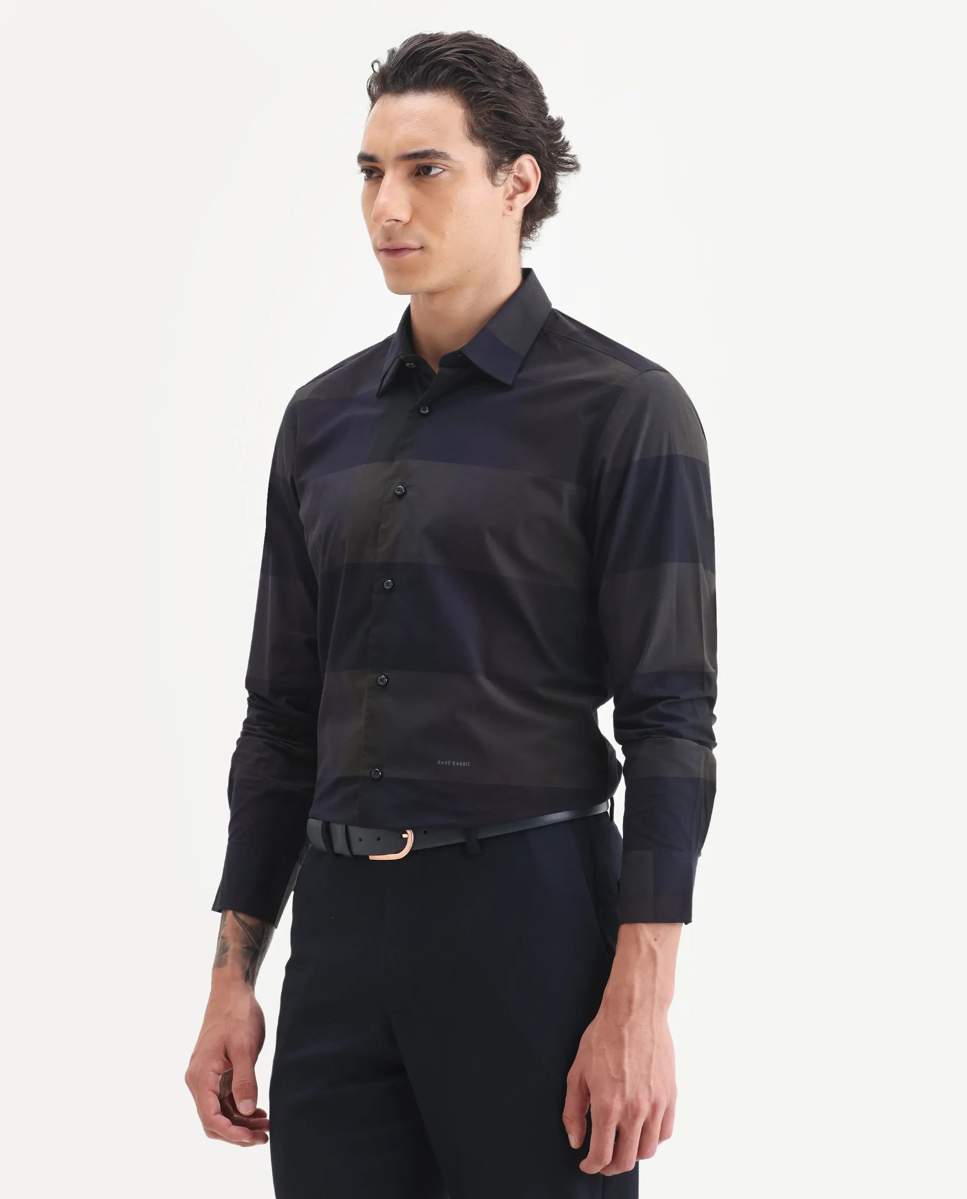 Rare Rabbit Men's Tronte Navy Cotton Checked Print Regular Fit Full Sleeve Collared Shirt