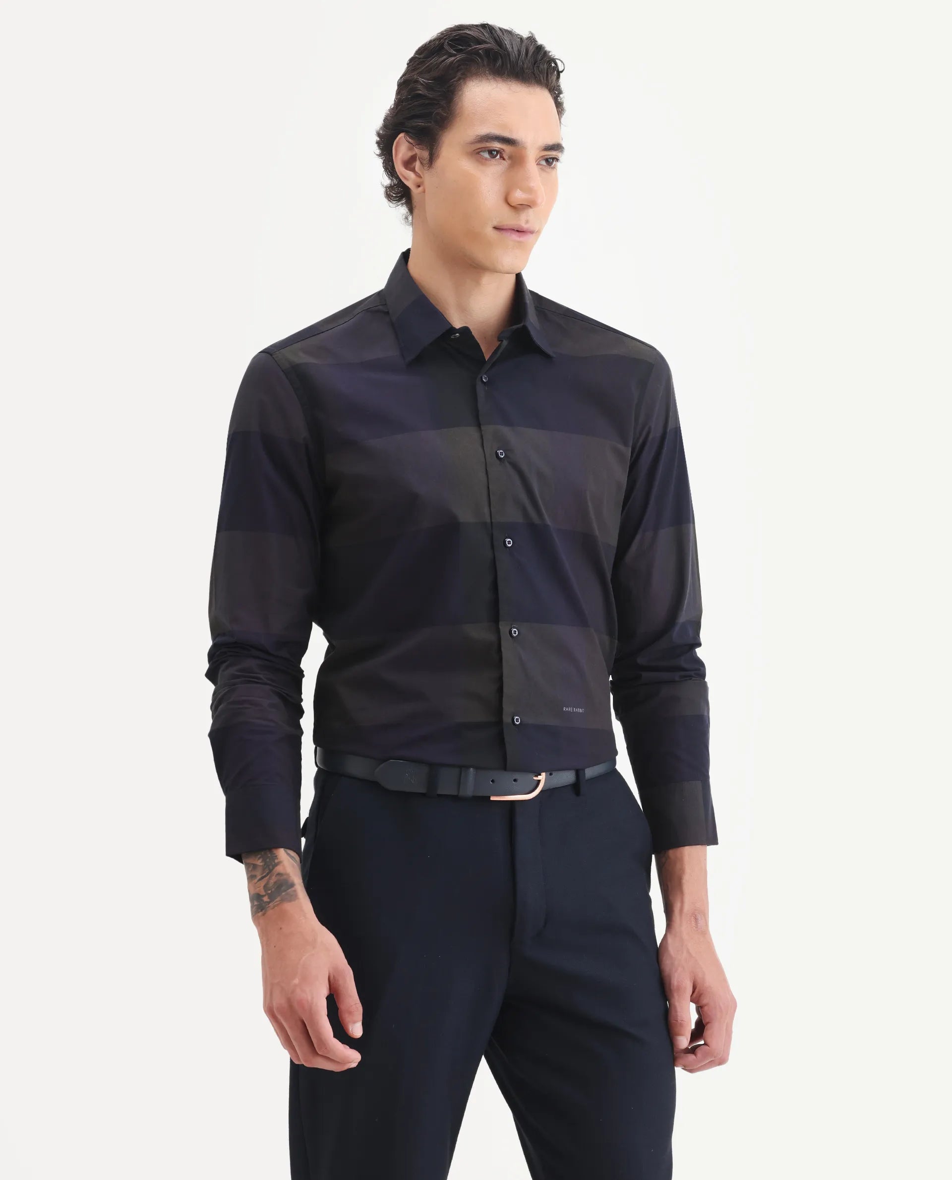 Rare Rabbit Men's Tronte Navy Cotton Checked Print Regular Fit Full Sleeve Collared Shirt