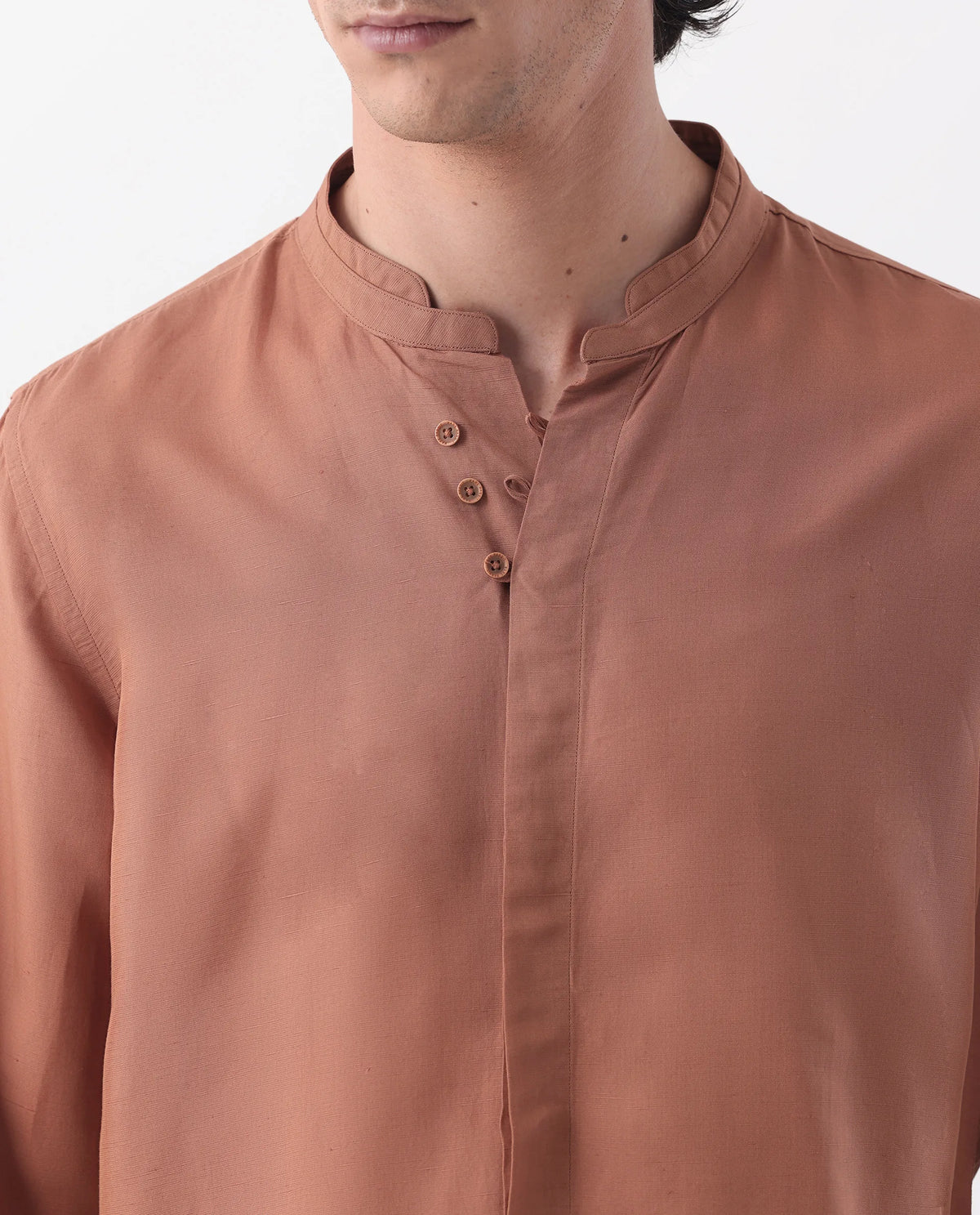 Rare Rabbit Men's Thrones Peach 100% Linen Plain Regular Fit Full Sleeve Mandarin Collar Shirt