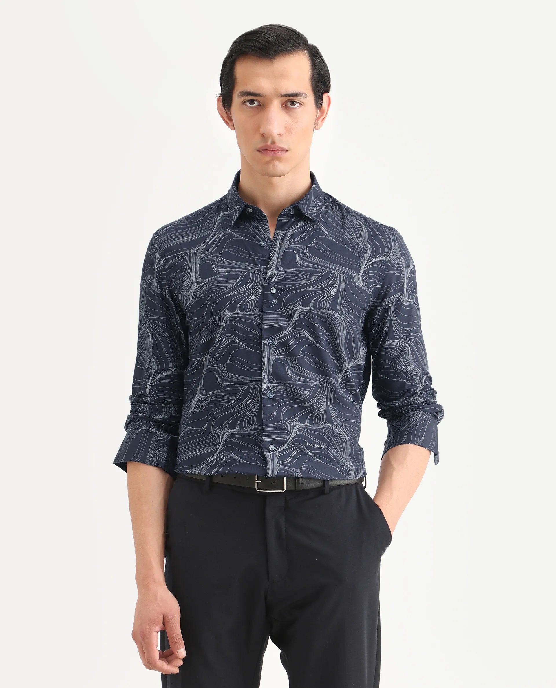 Rare Rabbit Men's Gravel Navy Viscose Abstract Print Regular Fit Full Sleeve Collared Shirt