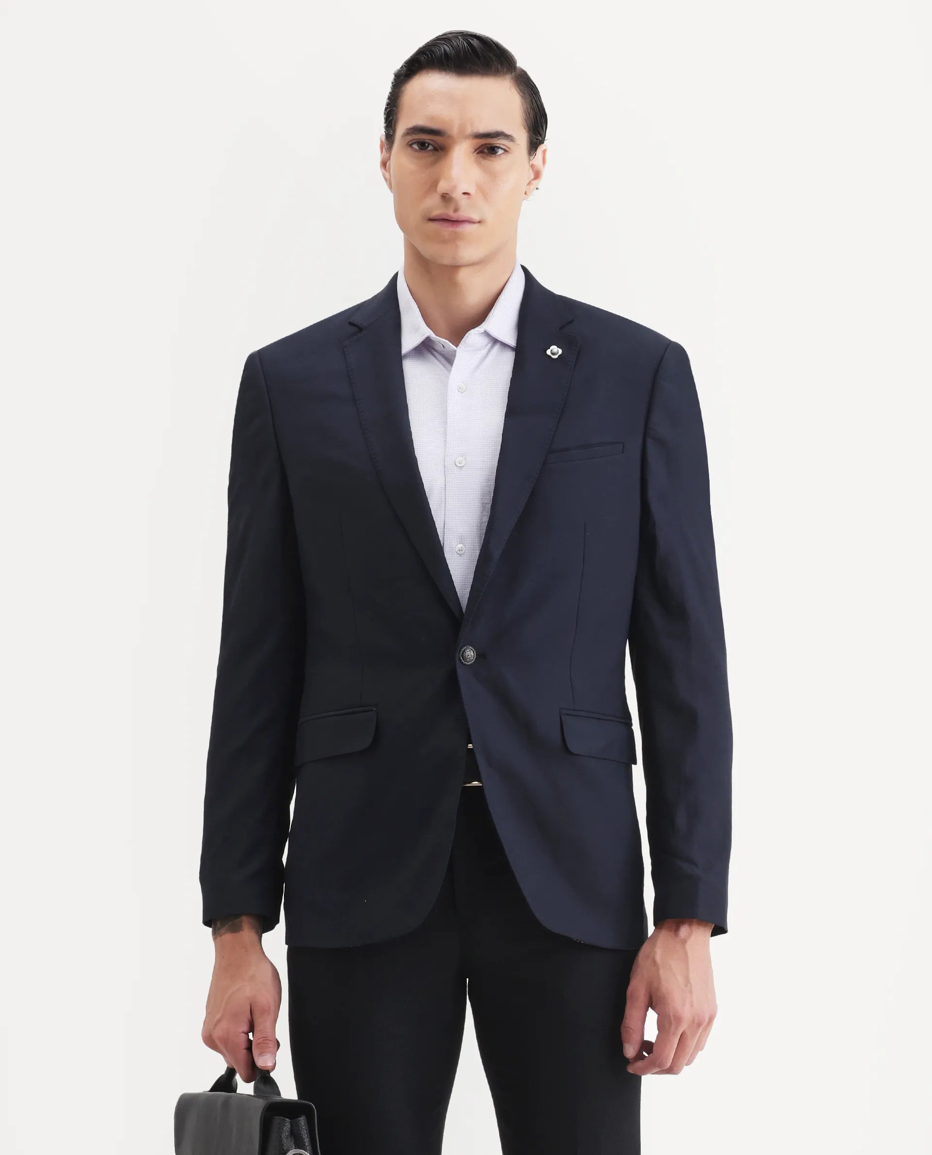 Rare Rabbit Men's Barton Navy Polyester Plain Tailored Fit Full Sleeve Lapel Neck Blazer