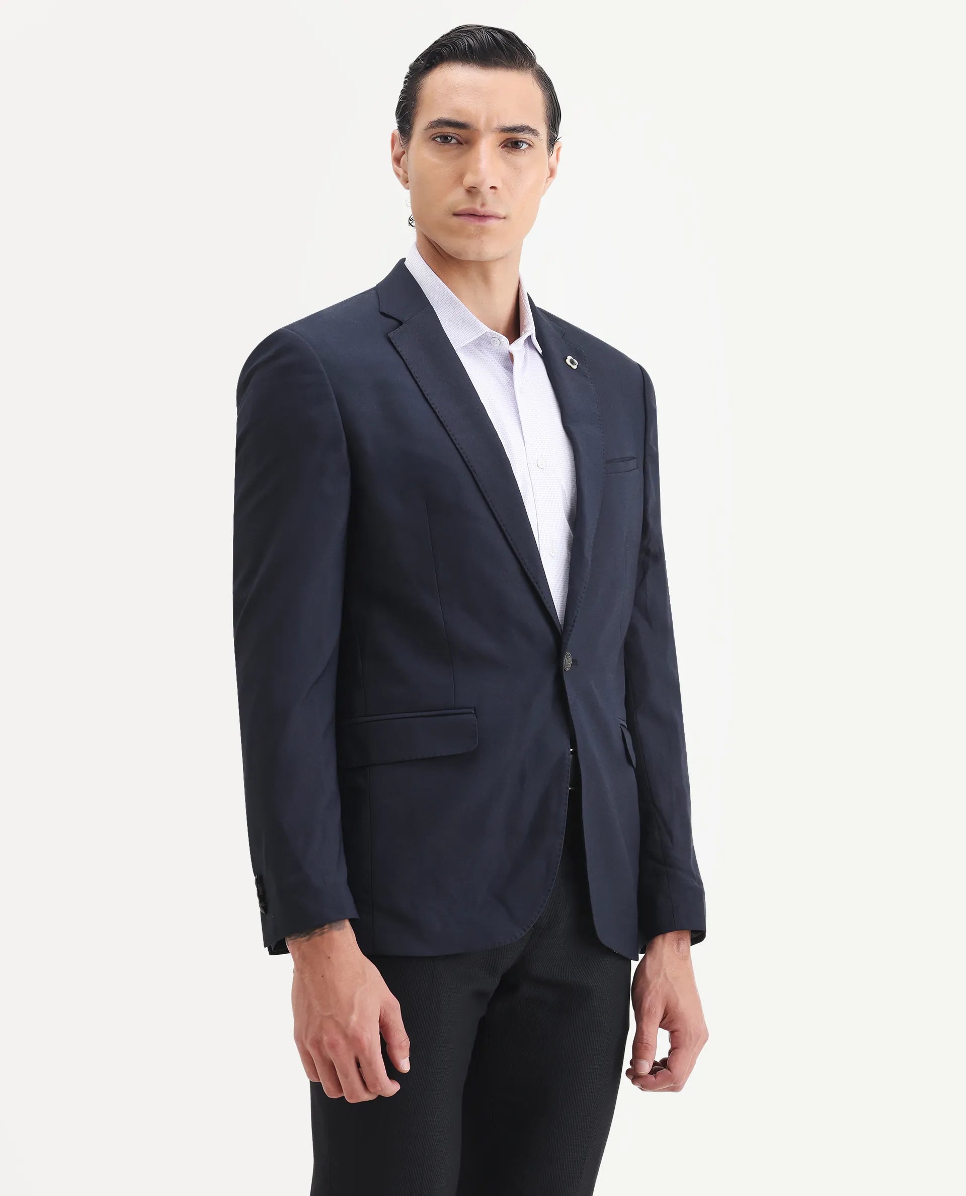 Rare Rabbit Men's Barton Navy Polyester Plain Tailored Fit Full Sleeve Lapel Neck Blazer