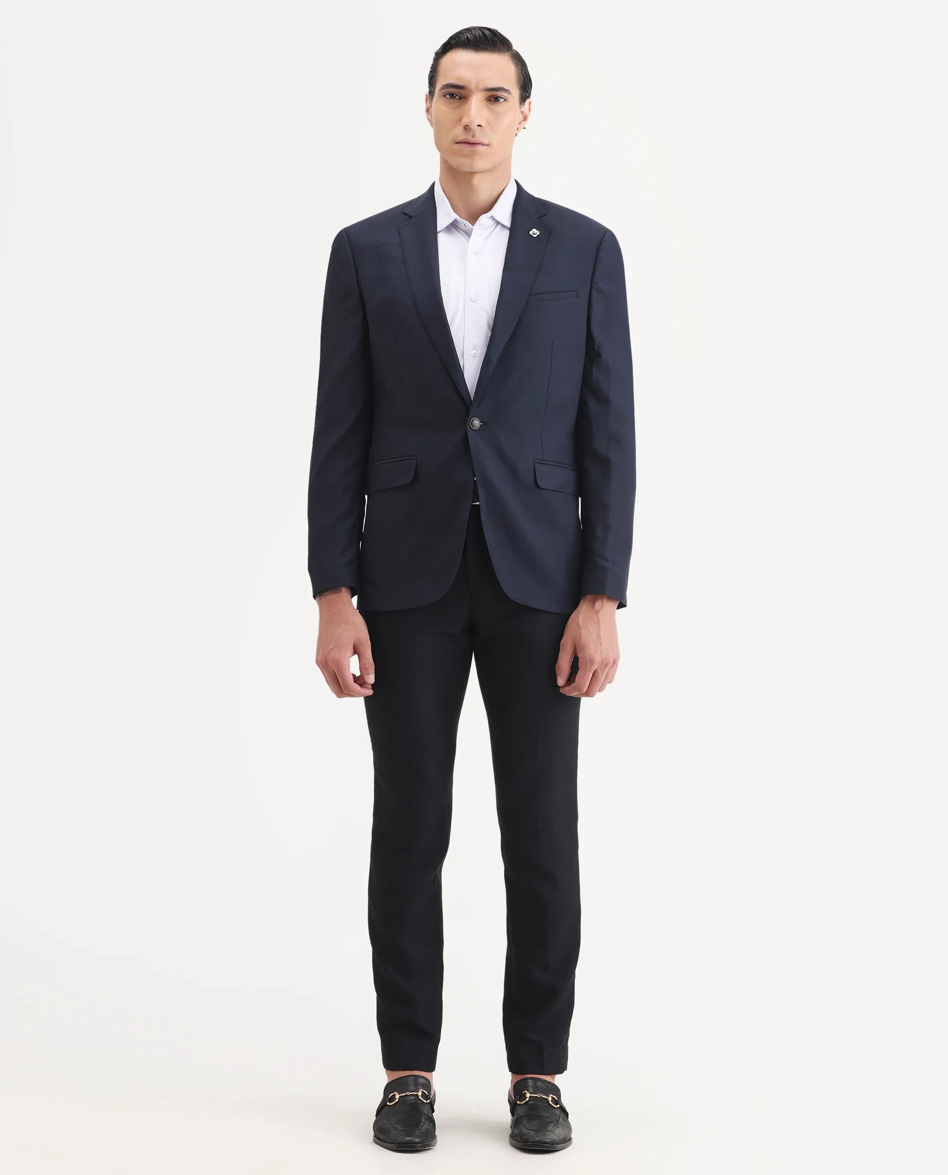 Rare Rabbit Men's Barton Navy Polyester Plain Tailored Fit Full Sleeve Lapel Neck Blazer