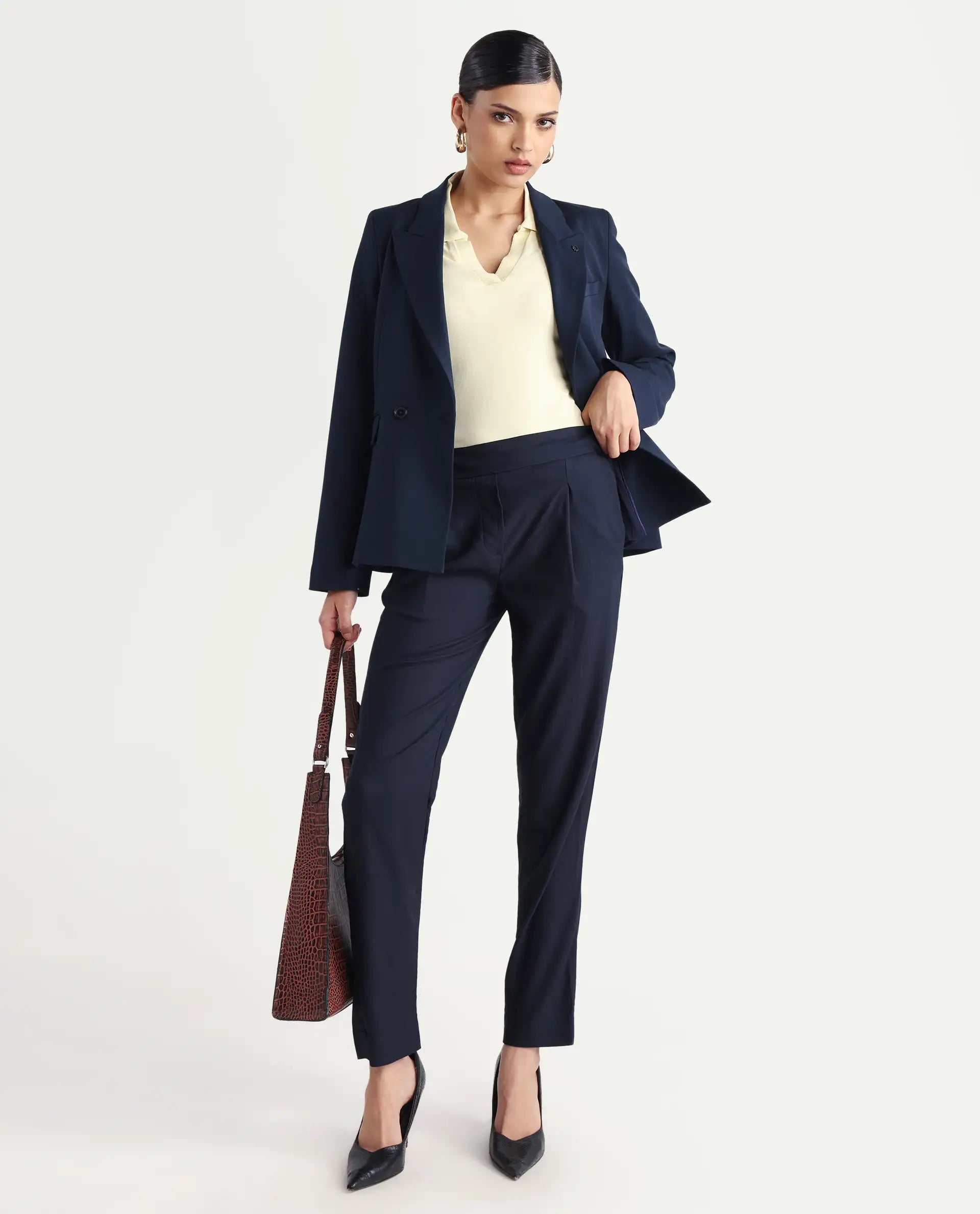 Rareism Women's Rosalia Navy Polyester Blend Plain Ankle Length Relaxed Fit Trouser