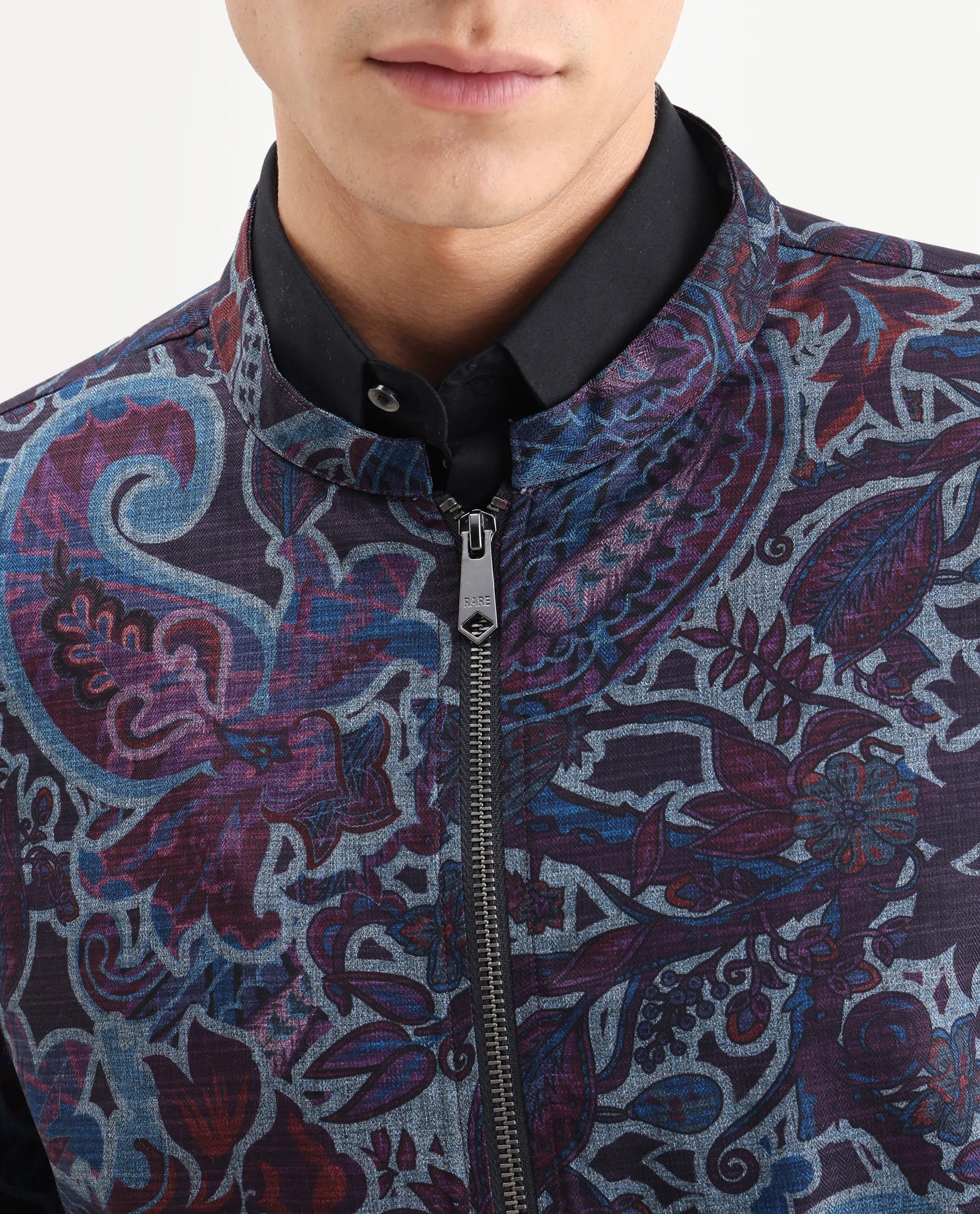 Rare Rabbit Men's Radio Dark Purple Polyester Paisley Print Regular Fit Full Sleeve Mandarin Collar Jacket
