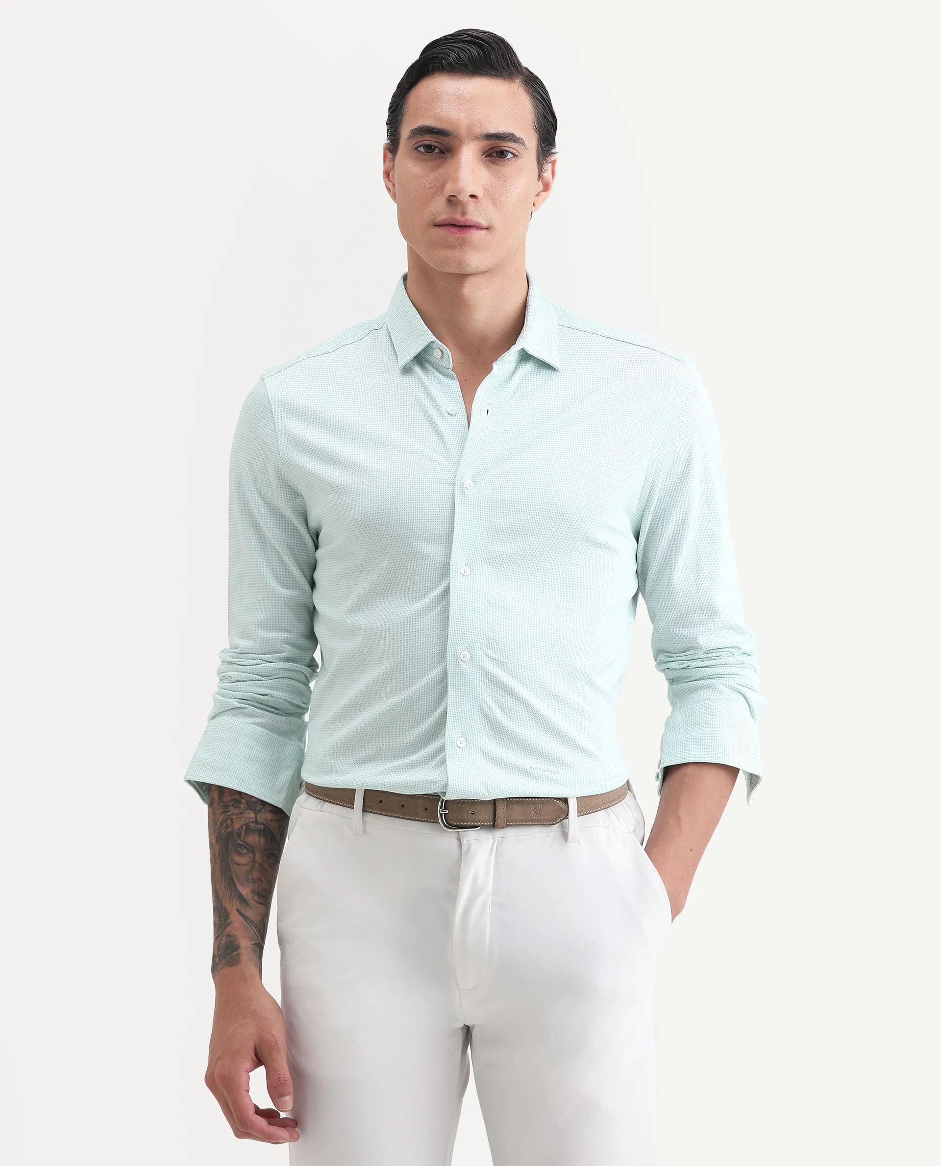 Rare Rabbit Men's Fay Green Cotton Textured Regular Fit Full Sleeve Collared Shirt