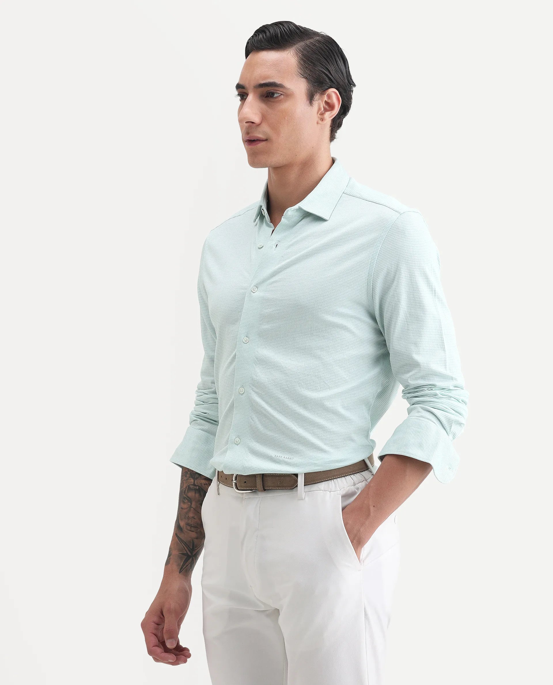 Rare Rabbit Men's Fay Green Cotton Textured Regular Fit Full Sleeve Collared Shirt