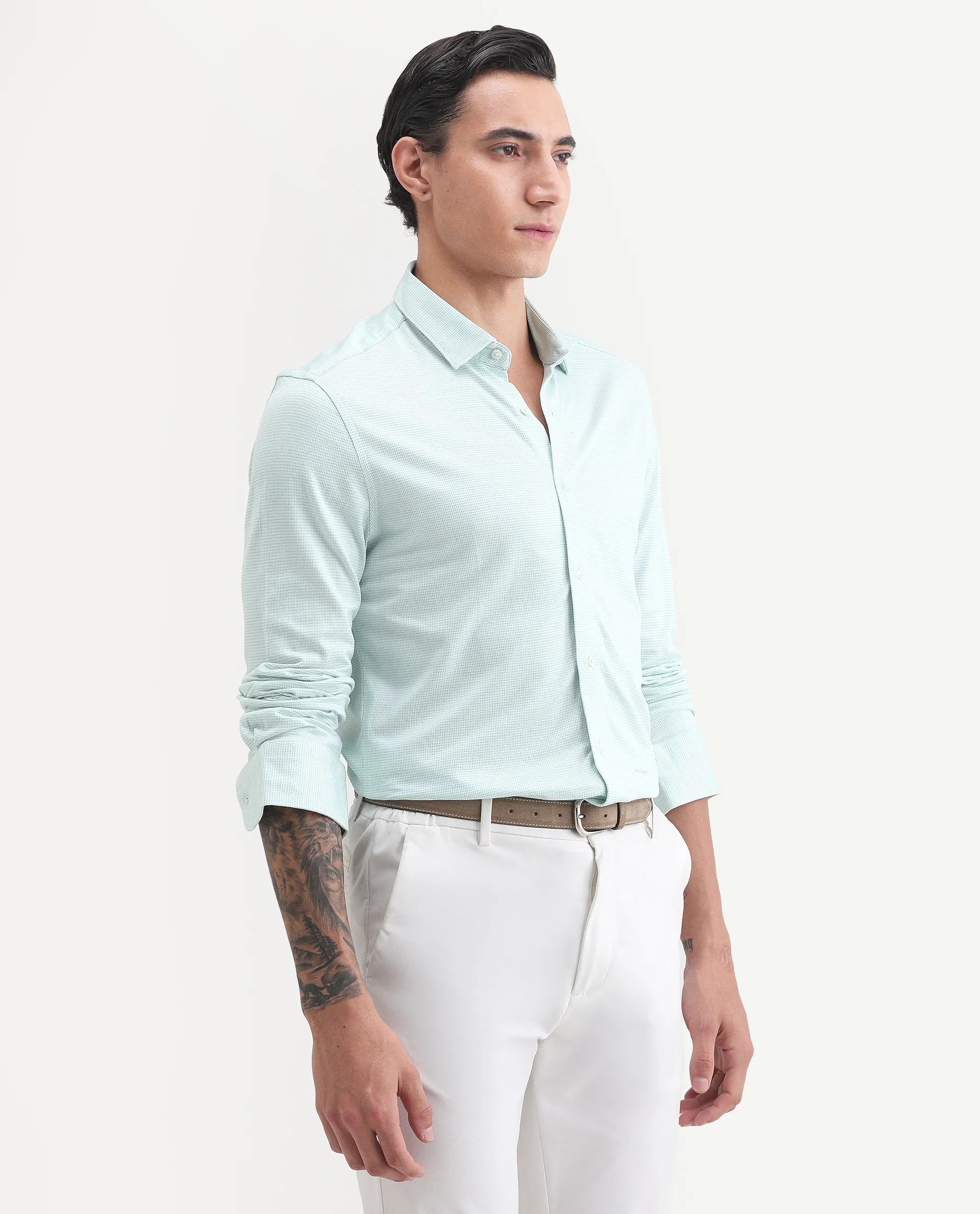 Rare Rabbit Men's Fay Green Cotton Textured Regular Fit Full Sleeve Collared Shirt