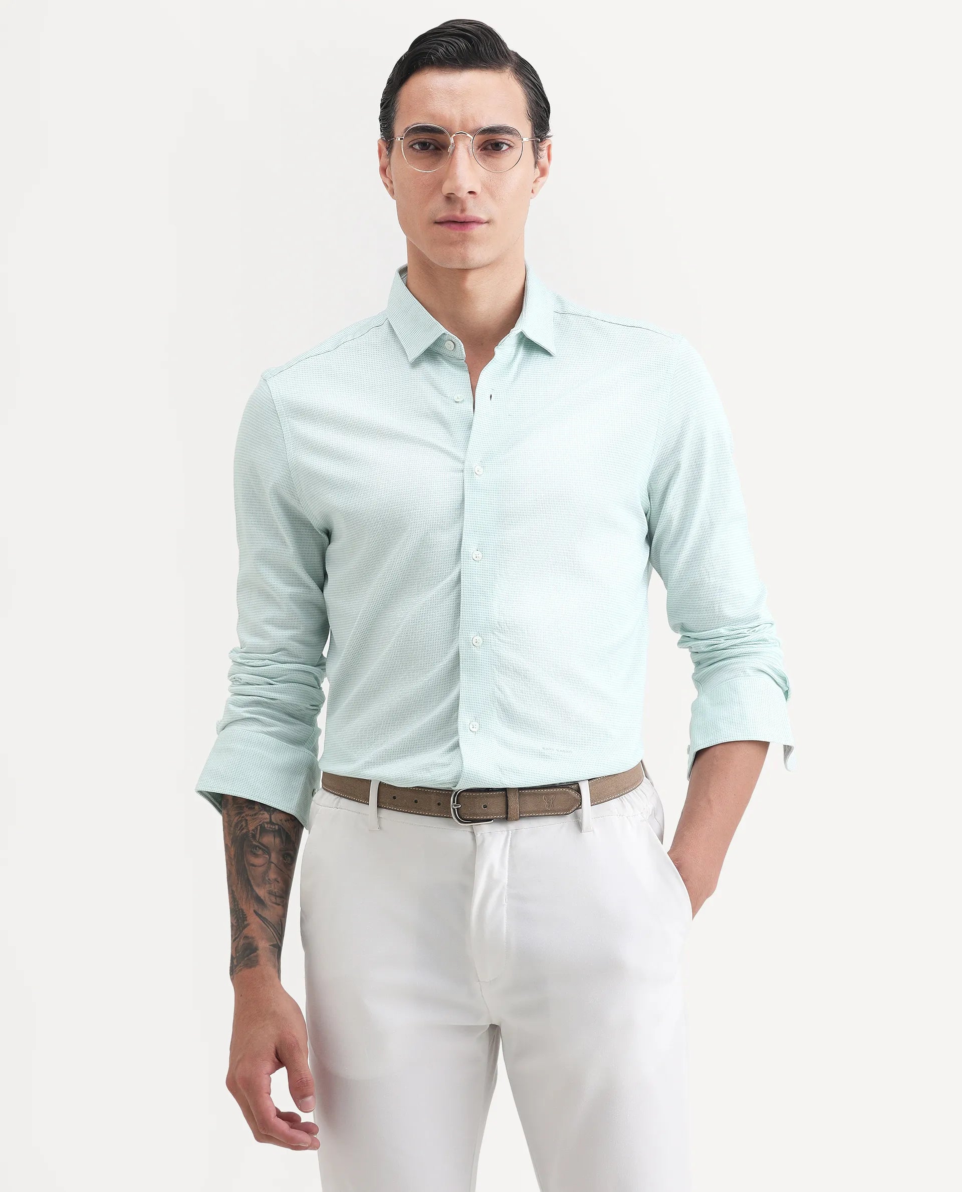 Rare Rabbit Men's Fay Green Cotton Textured Regular Fit Full Sleeve Collared Shirt