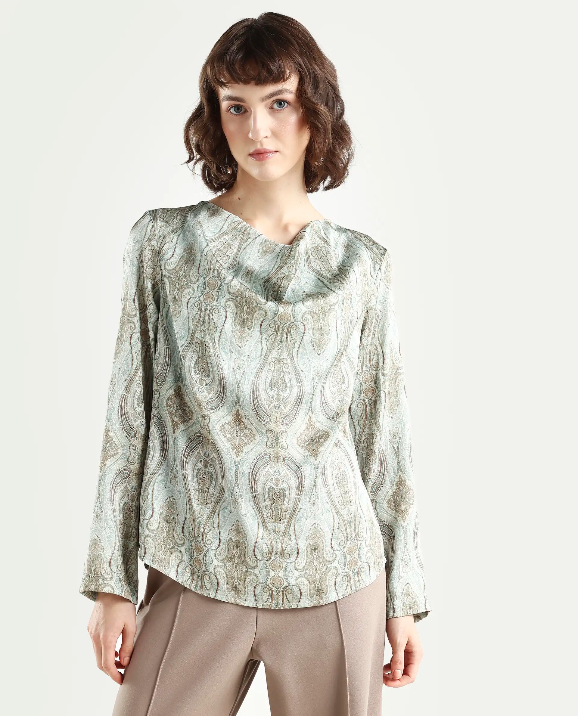 Rareism Women's Zolah Green Polyester Cowl Neck Paisley Print Regular Fit Top