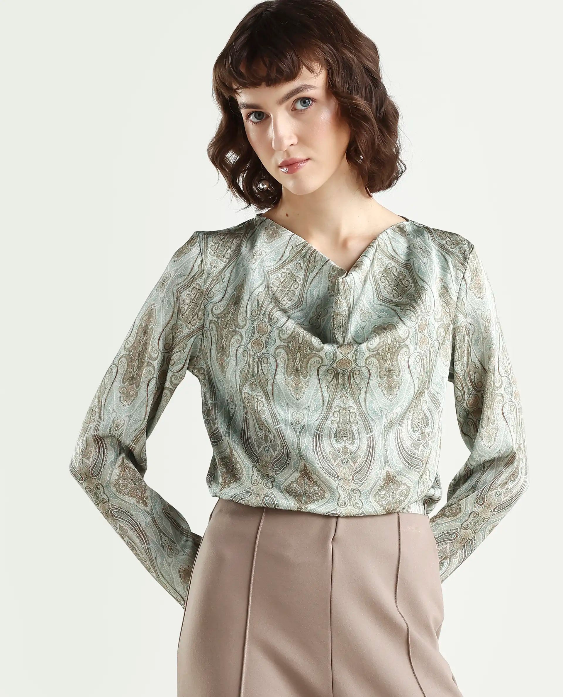 Rareism Women's Zolah Green Polyester Cowl Neck Paisley Print Regular Fit Top