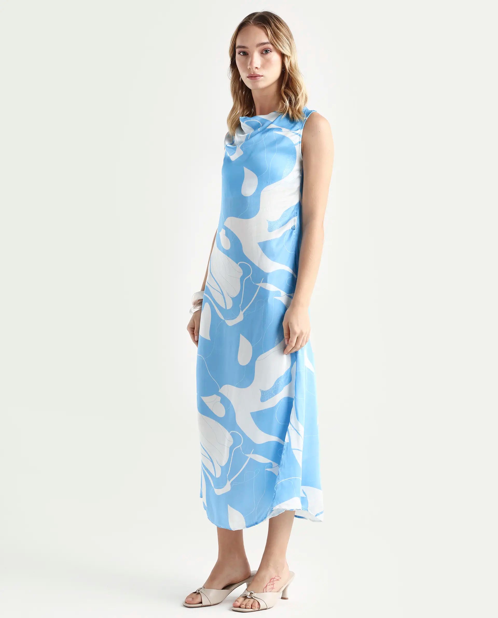 Rareism Women's Arden Blue Modal Cowl Neck Abstract Print Sleeveless Knee Length Regular Fit Dress