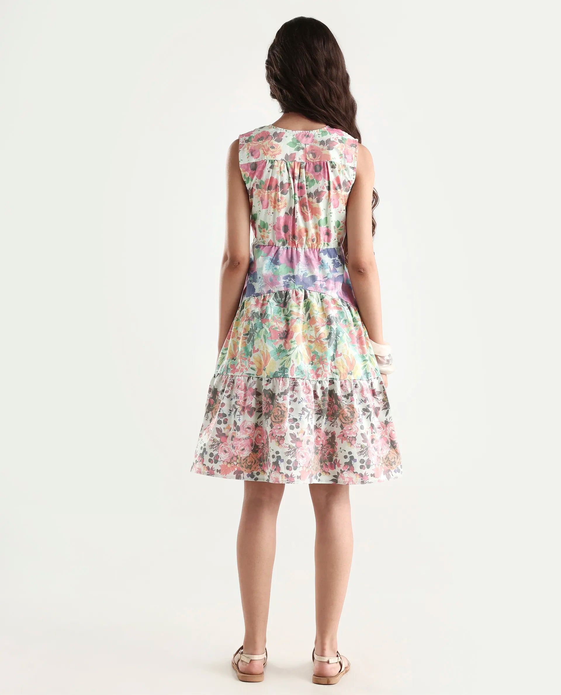 Rareism Women's Carys Multi Polyester Key Hole Neck Floral Print Sleeveless Knee Length Regular Fit Dress