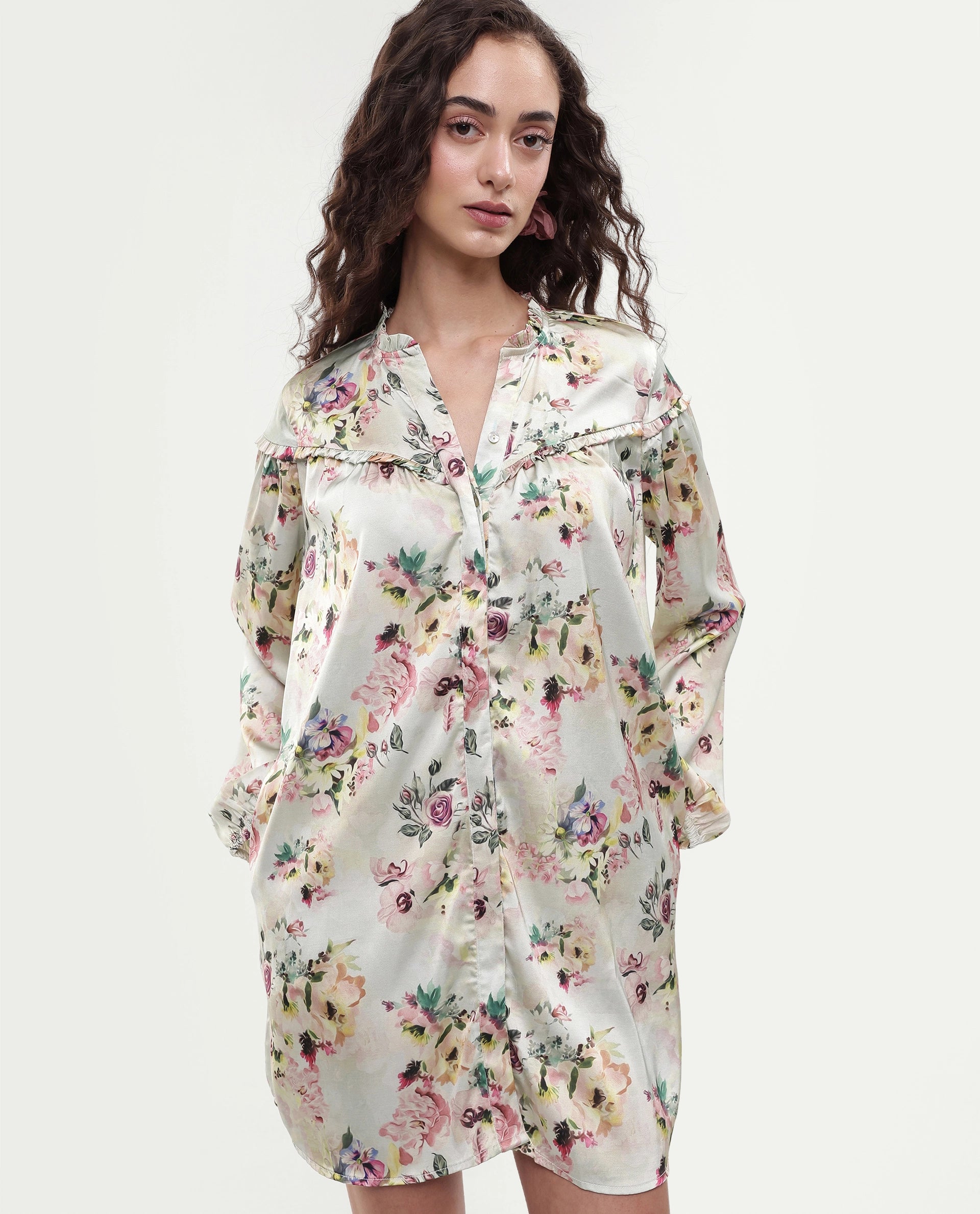 Rareism Women's Penelope Beige Polyester Ruffled Neck Floral Print Mini Regular Fit Dress