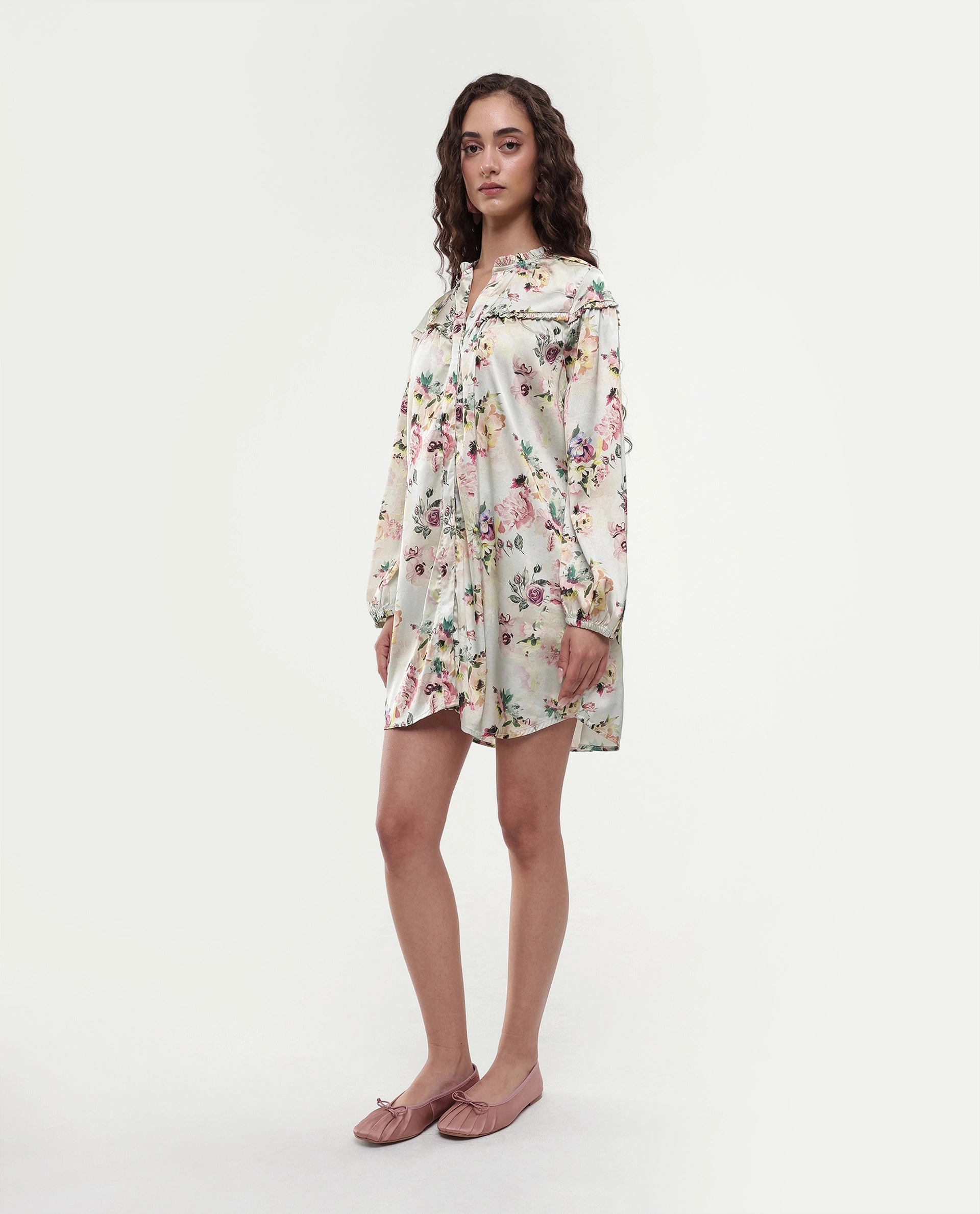 Rareism Women's Penelope Beige Polyester Ruffled Neck Floral Print Mini Regular Fit Dress