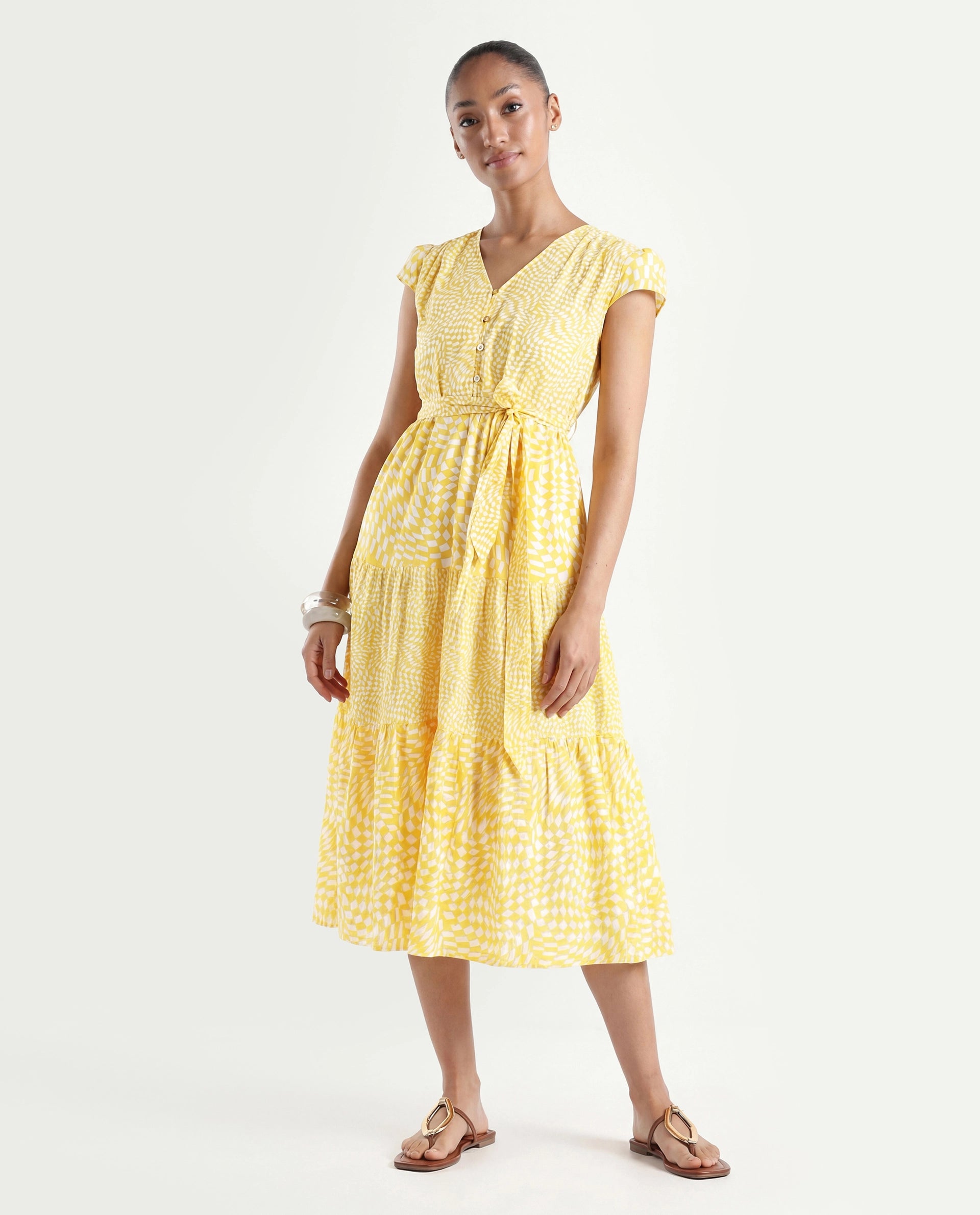 Rareism Women's Whitney Yellow Cotton V-Neck Geometric Print Cape Sleeve Knee Length Regular Fit Dress