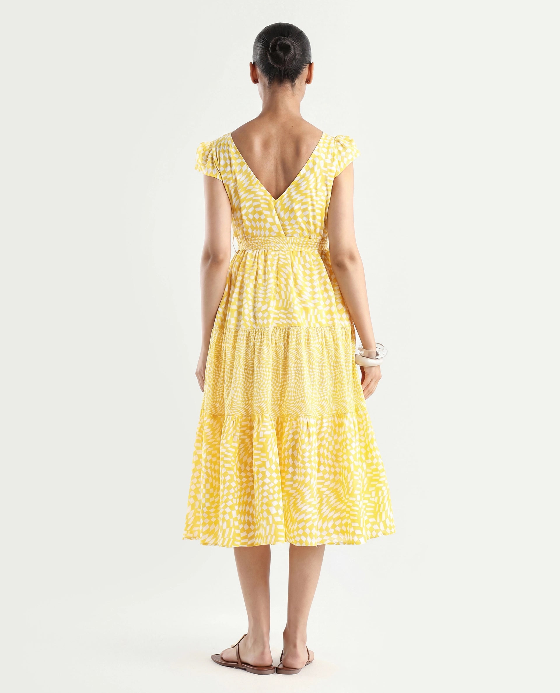 Rareism Women's Whitney Yellow Cotton V-Neck Geometric Print Cape Sleeve Knee Length Regular Fit Dress