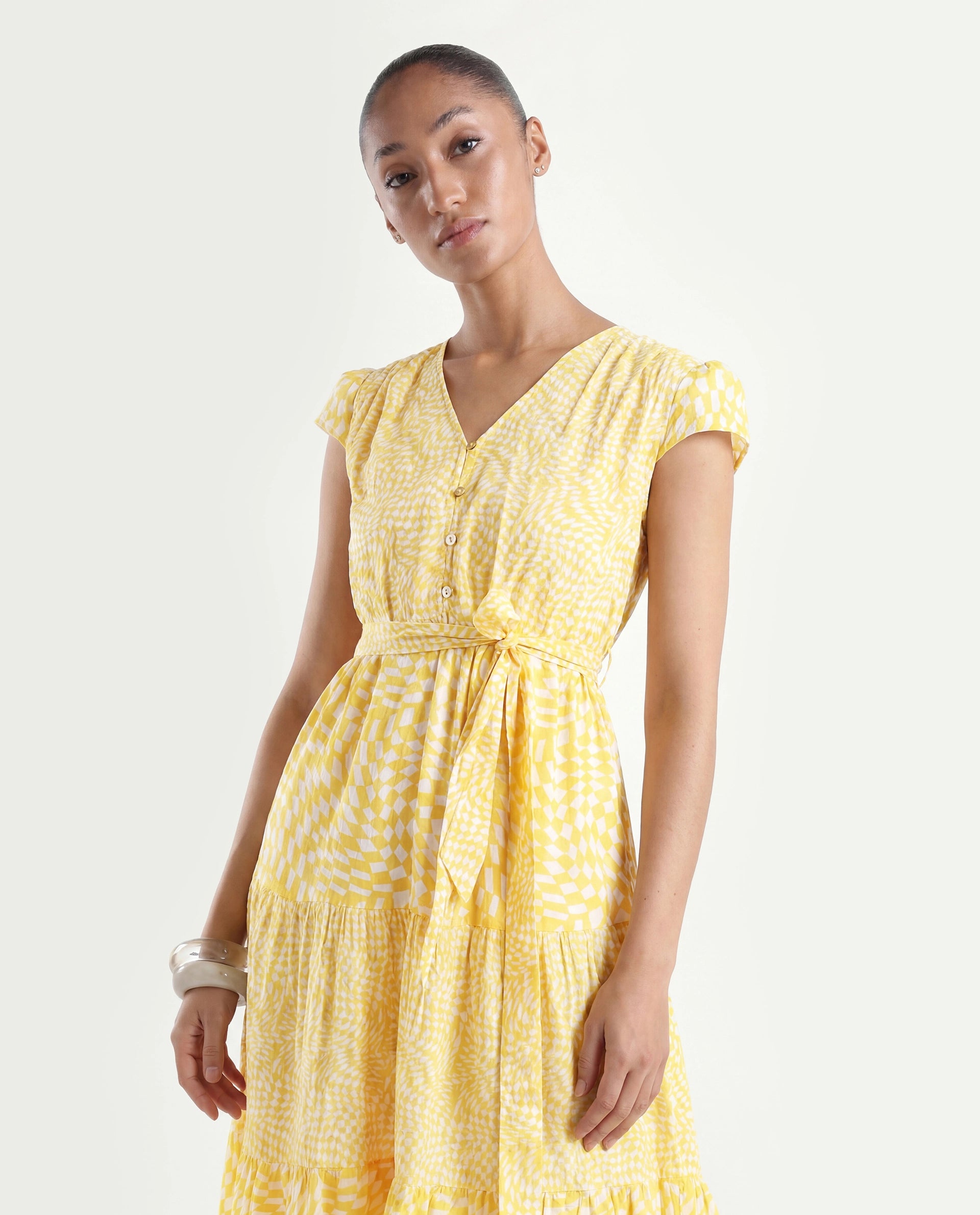 Rareism Women's Whitney Yellow Cotton V-Neck Geometric Print Cape Sleeve Knee Length Regular Fit Dress