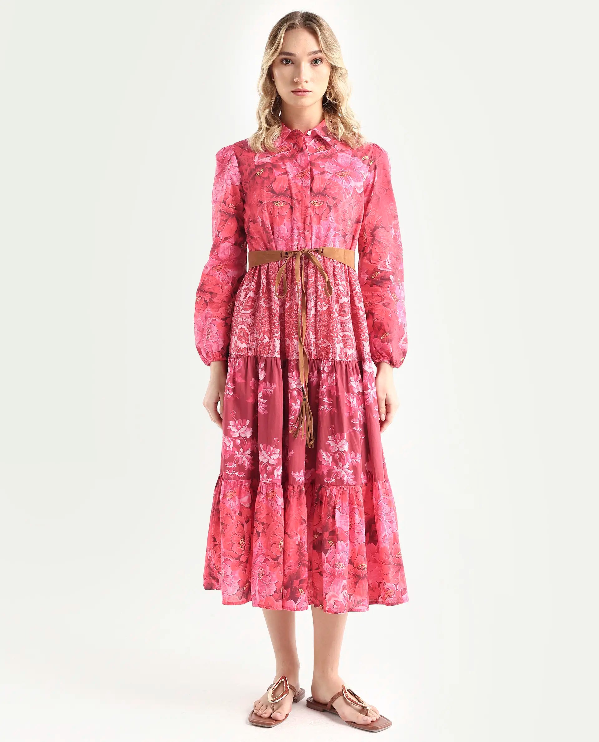 Rareism Women's Ixora Maroon Cotton Spread Collar Floral Print Knee Length Regular Fit Dress