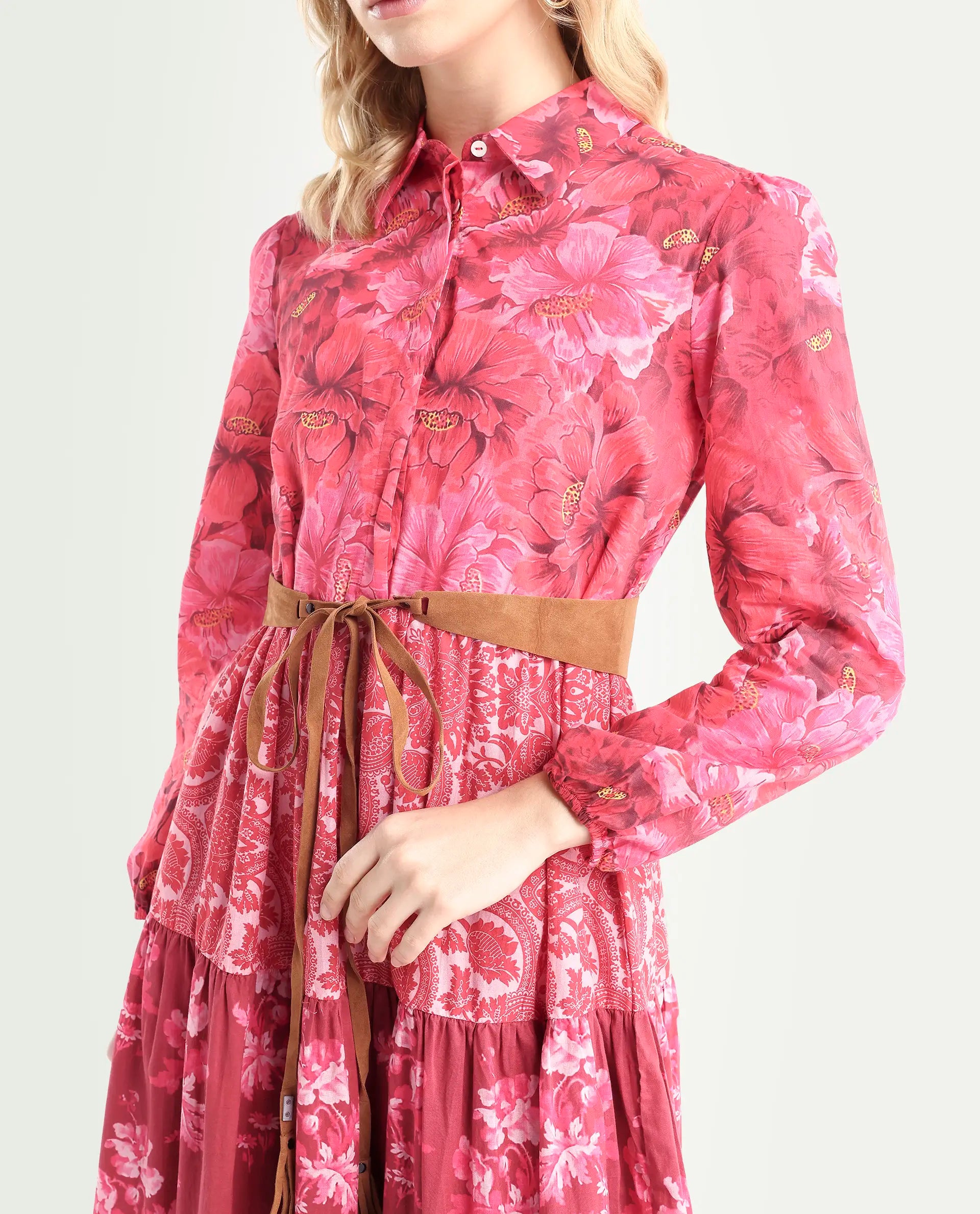 Rareism Women's Ixora Maroon Cotton Spread Collar Floral Print Knee Length Regular Fit Dress