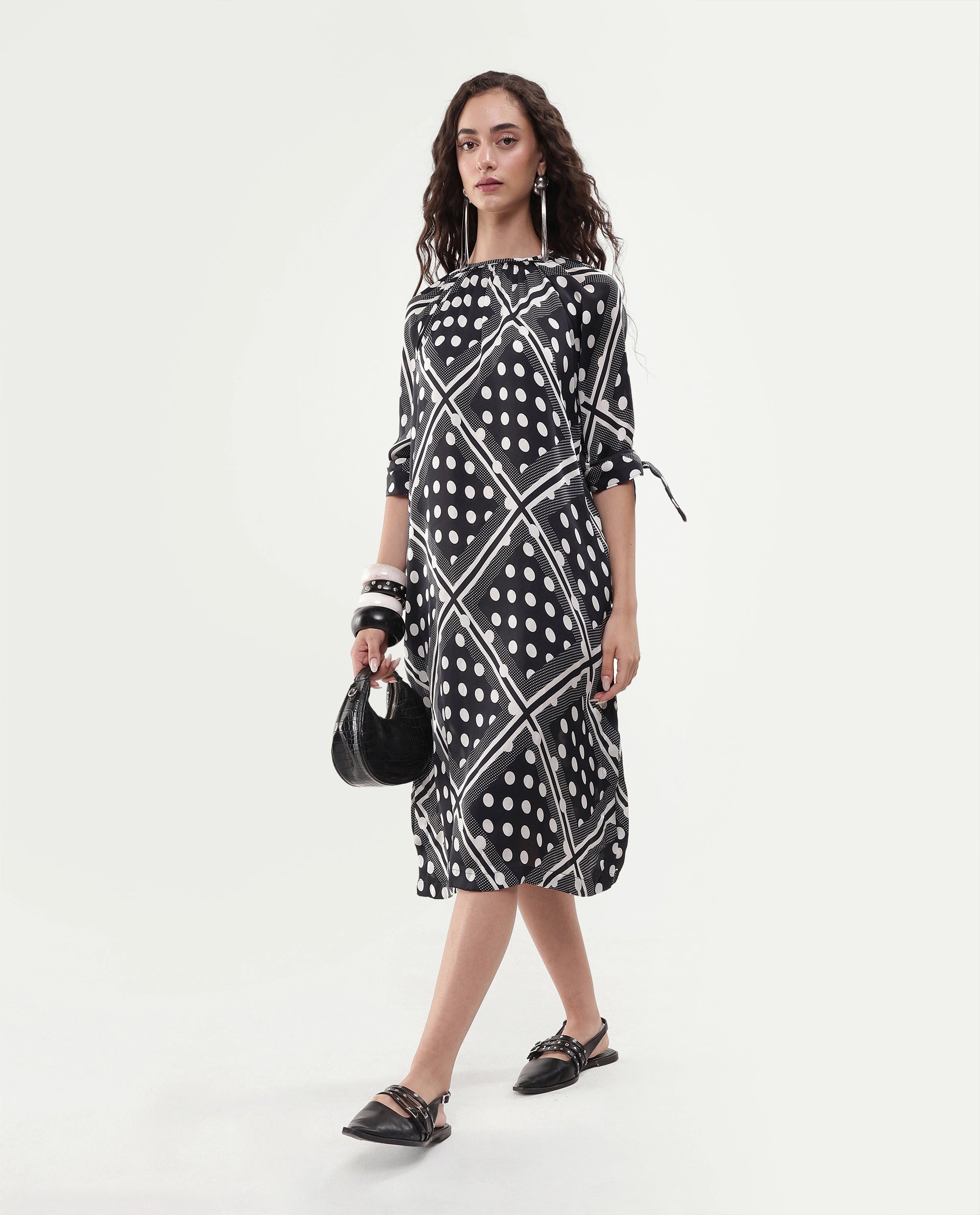 Rareism Women's Jeannie Black Polyester Boat Neck Polka Print Knee Length Regular Fit Dress