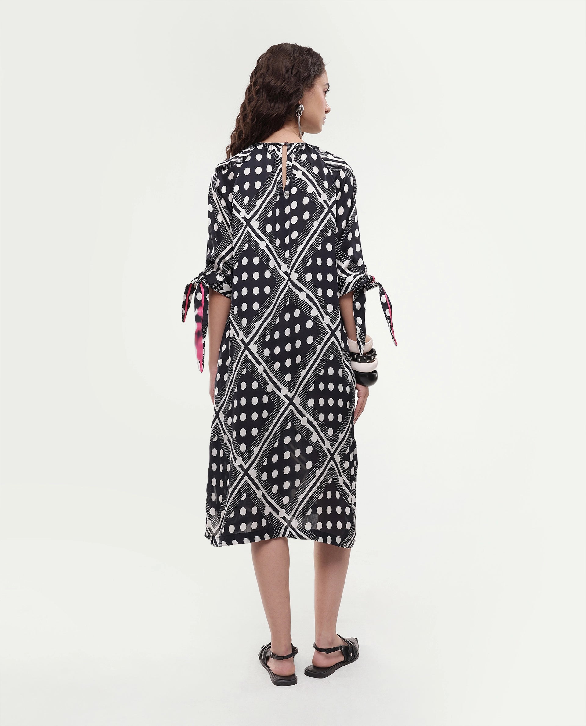 Rareism Women's Jeannie Black Polyester Boat Neck Polka Print Knee Length Regular Fit Dress