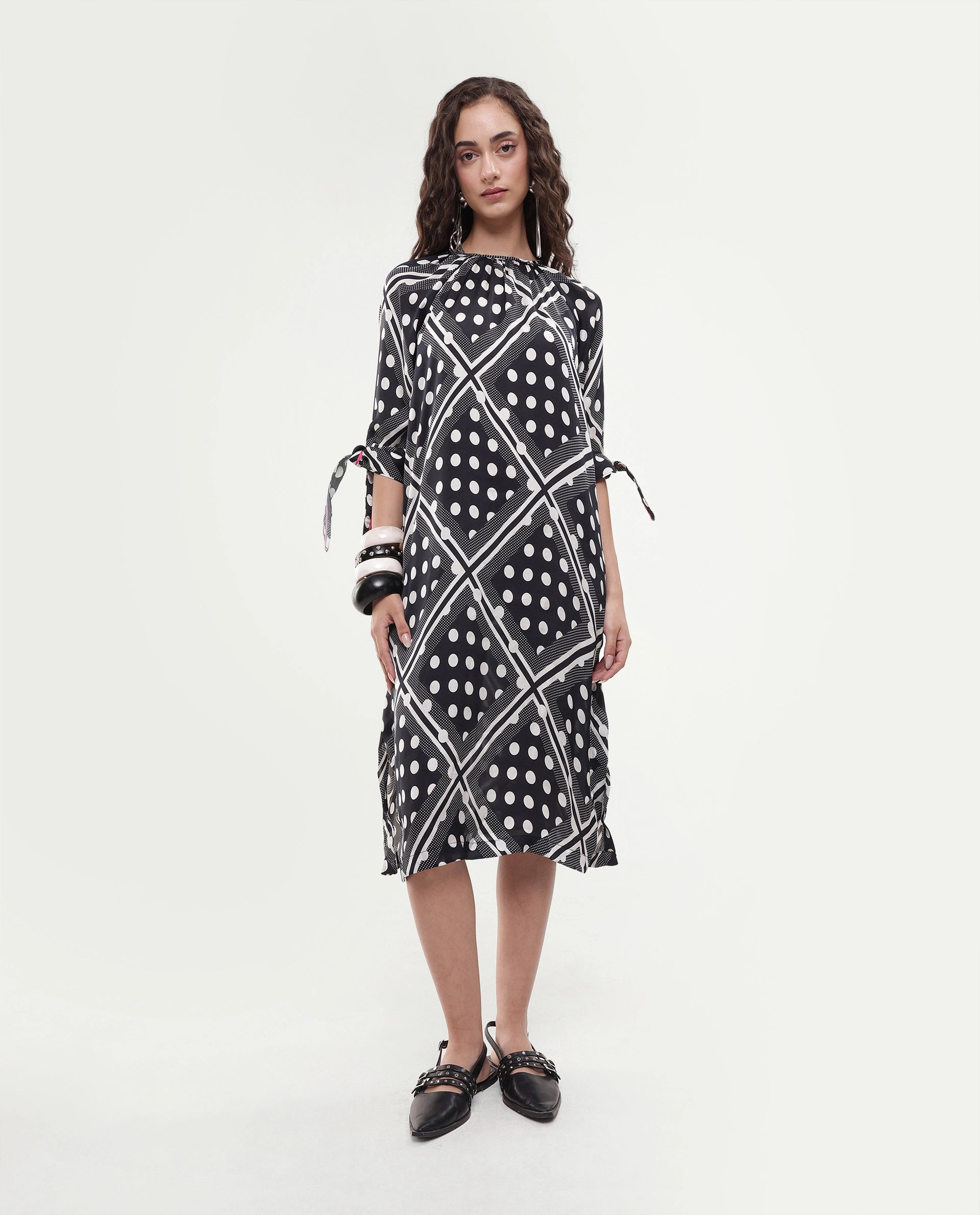 Rareism Women's Jeannie Black Polyester Boat Neck Polka Print Knee Length Regular Fit Dress