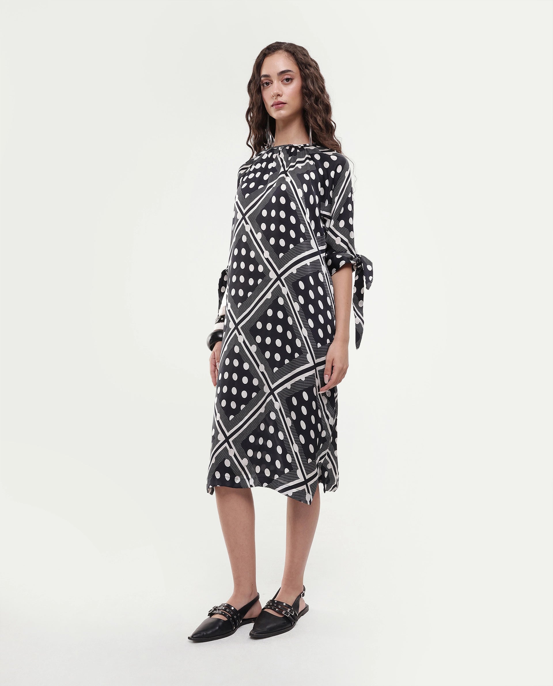 Rareism Women's Jeannie Black Polyester Boat Neck Polka Print Knee Length Regular Fit Dress