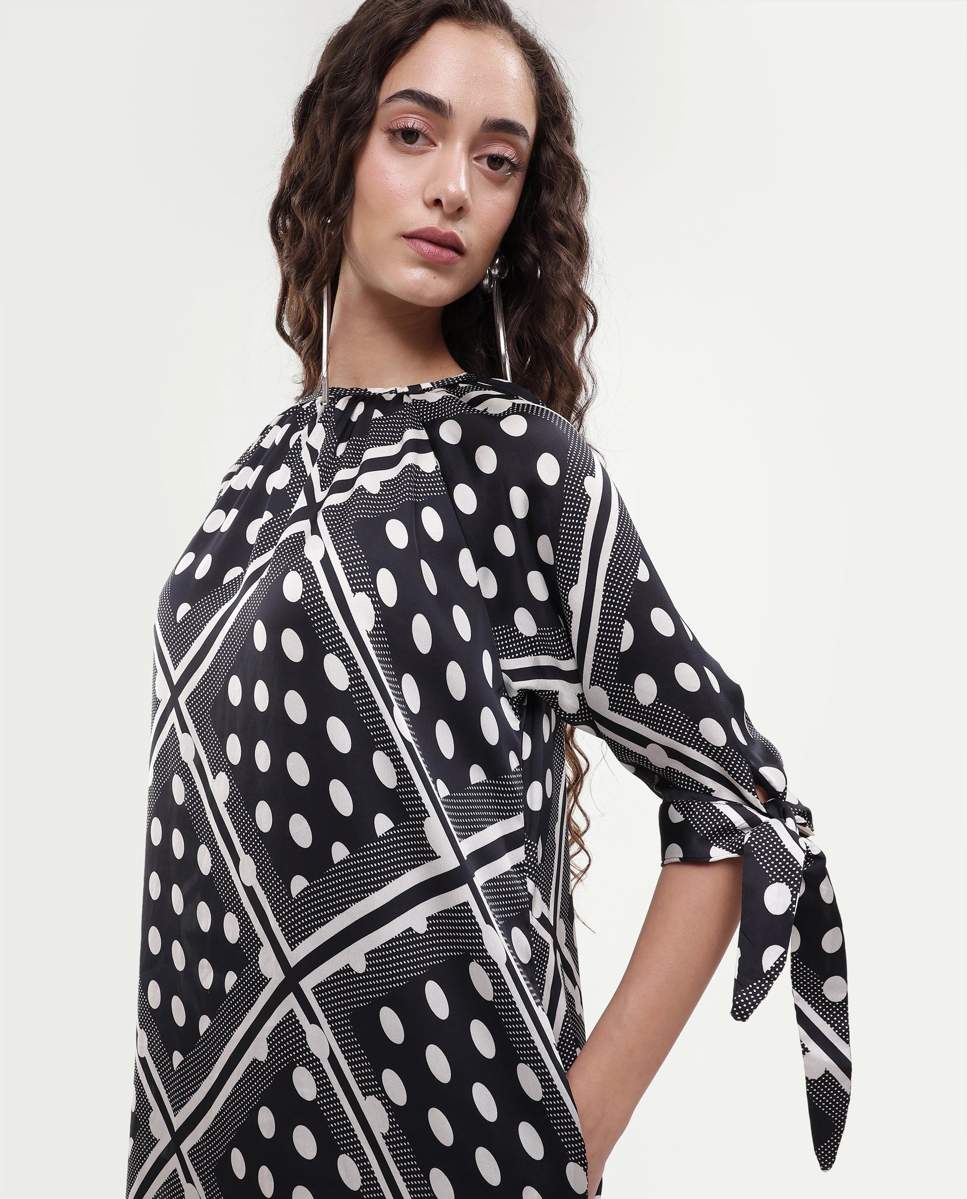 Rareism Women's Jeannie Black Polyester Boat Neck Polka Print Knee Length Regular Fit Dress