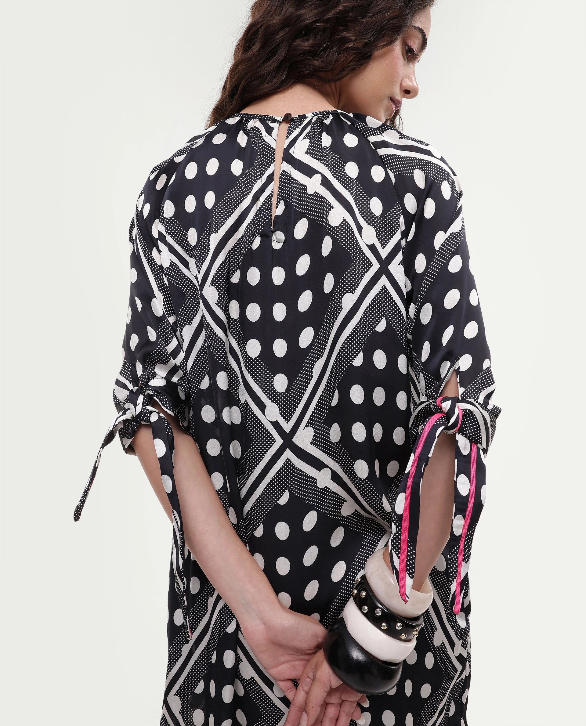 Rareism Women's Jeannie Black Polyester Boat Neck Polka Print Knee Length Regular Fit Dress