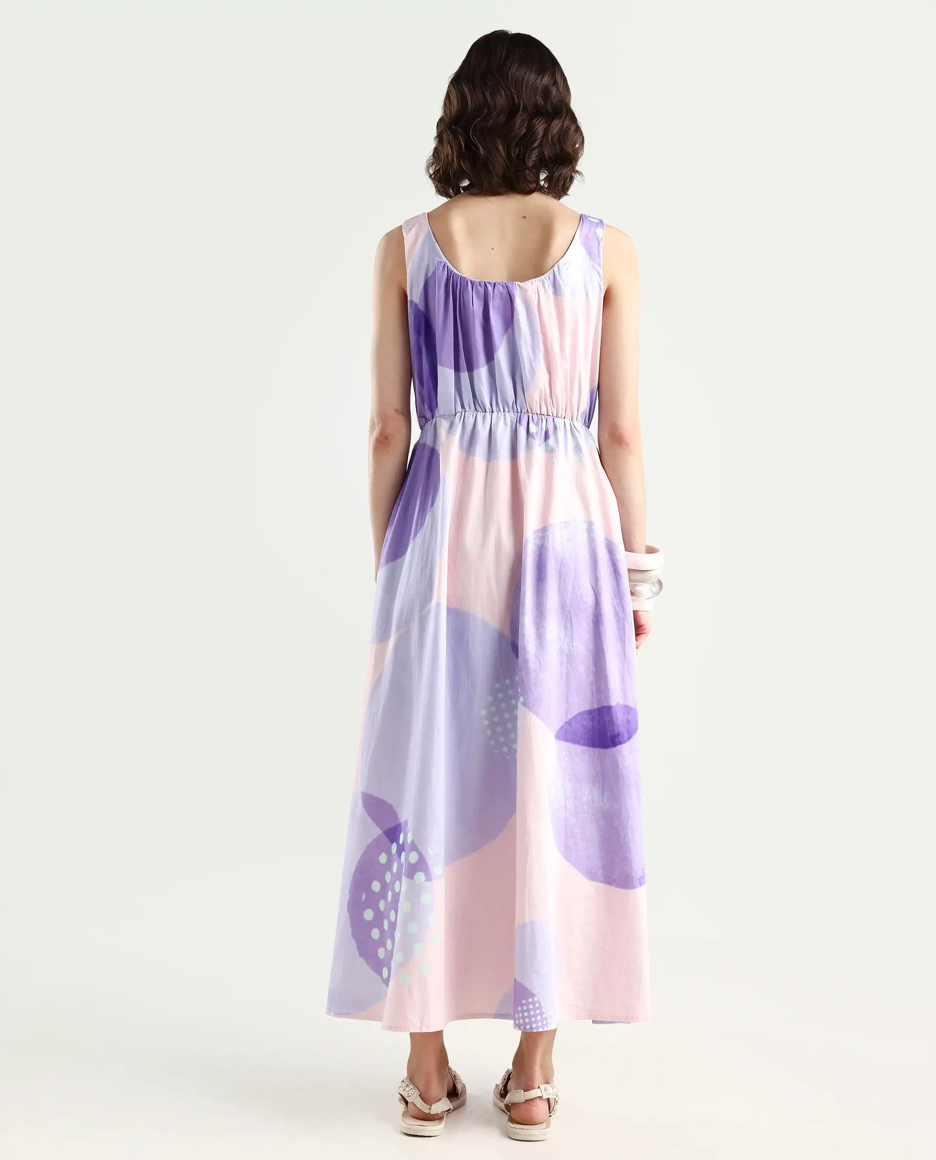 Rareism Women's Cordova Pink Cotton Boat Neck Polka Print Sleeveless Knee Length Tailored Dress