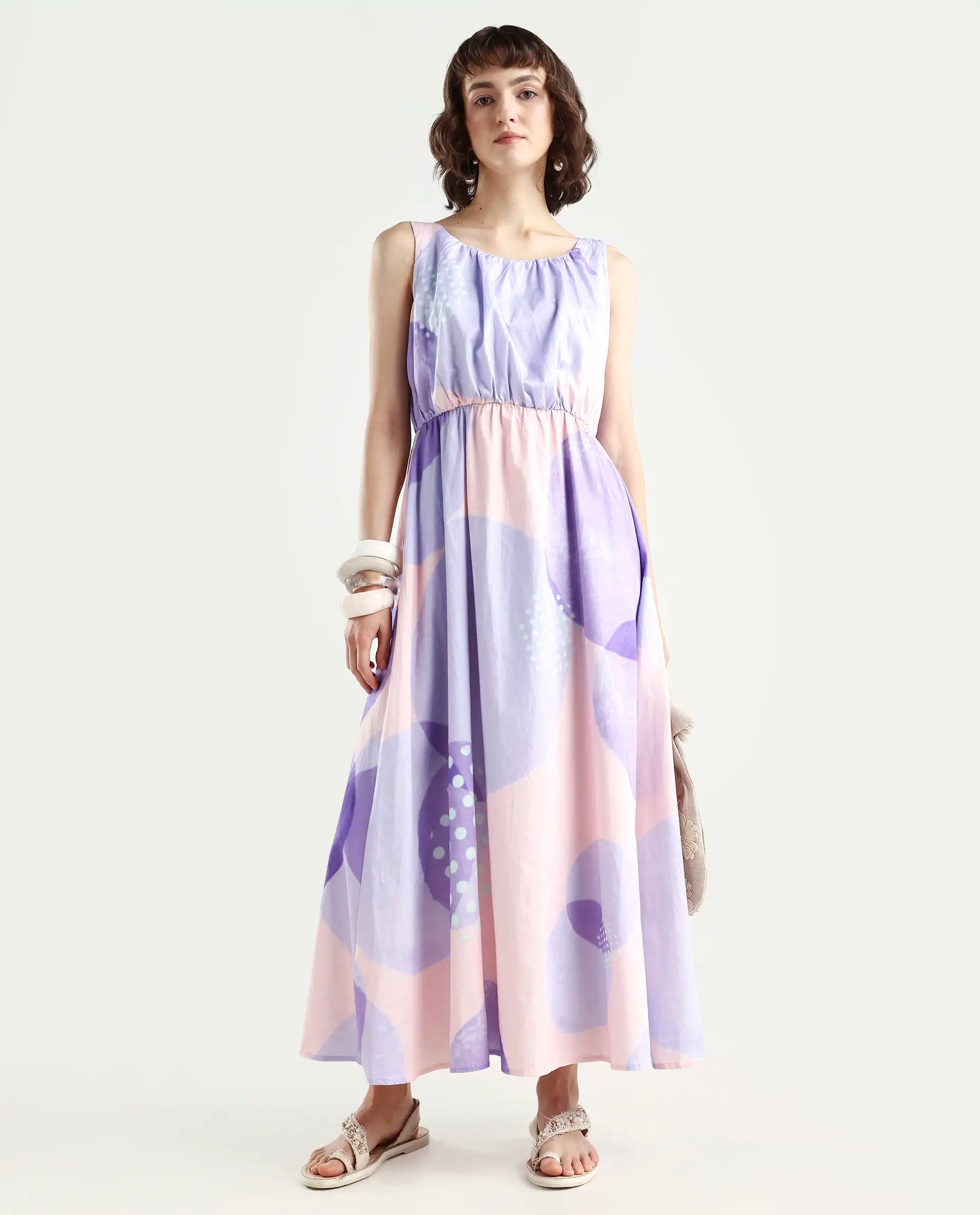 Rareism Women's Cordova Pink Cotton Boat Neck Polka Print Sleeveless Knee Length Tailored Dress