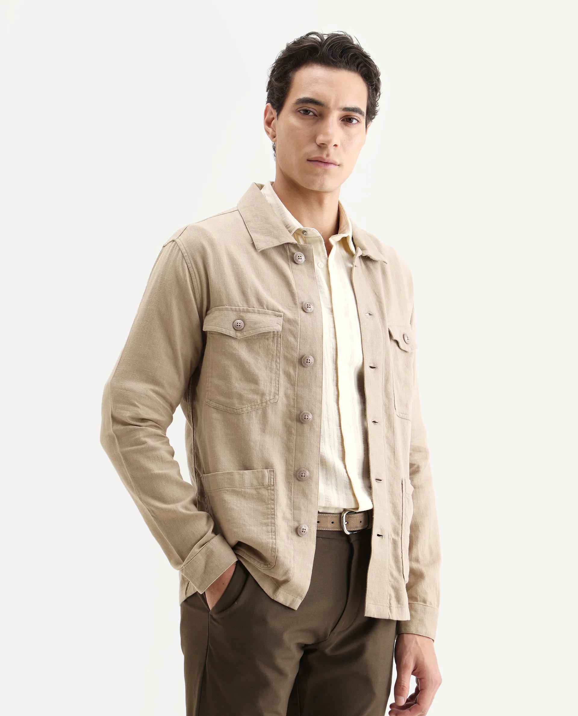 Rare Rabbit Men's Gatton Beige Linen Blend Plain Regular Fit Full Sleeve Spread Collar Jacket