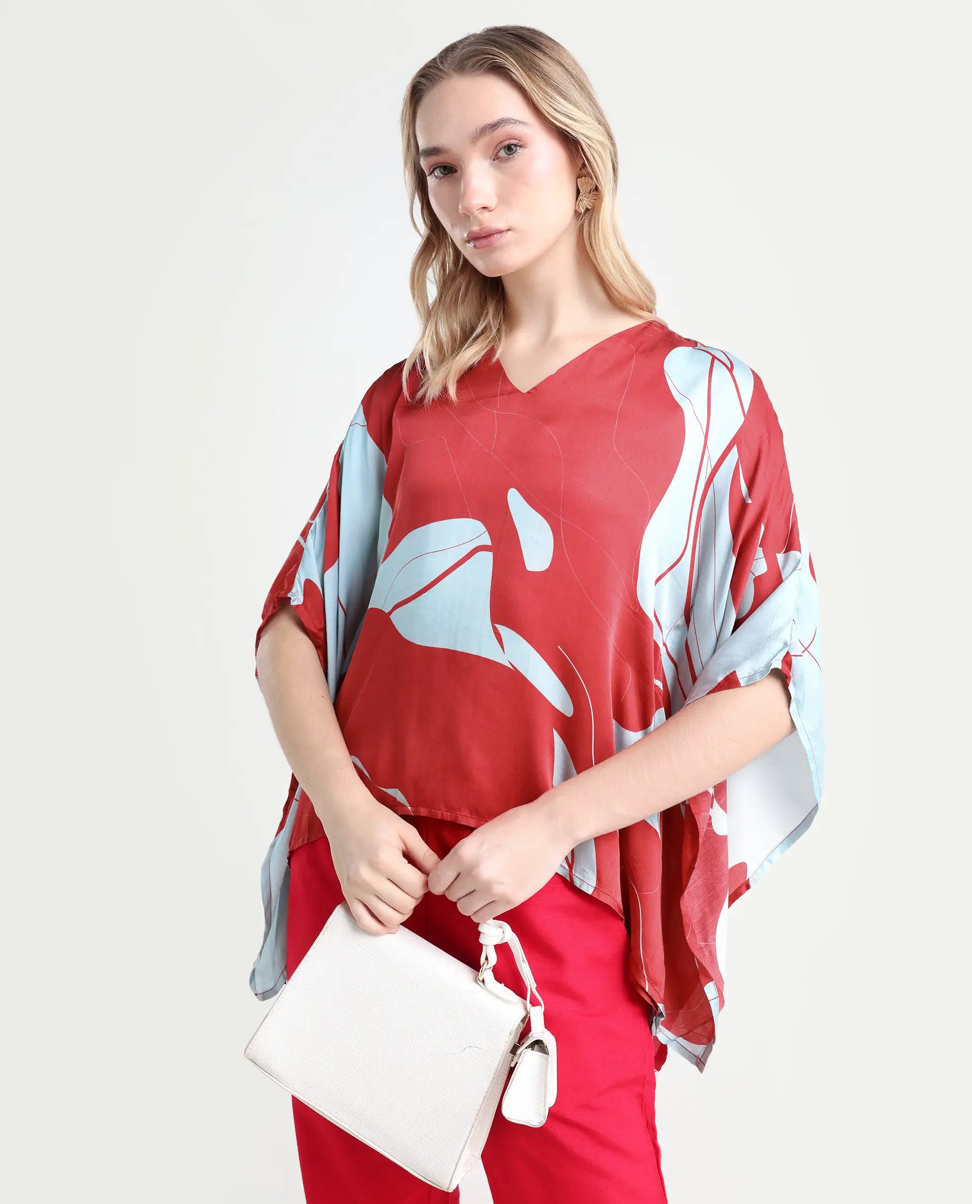 Rareism Women's Alyse Maroon Modal V-Neck Abstract Print Regular Fit Top