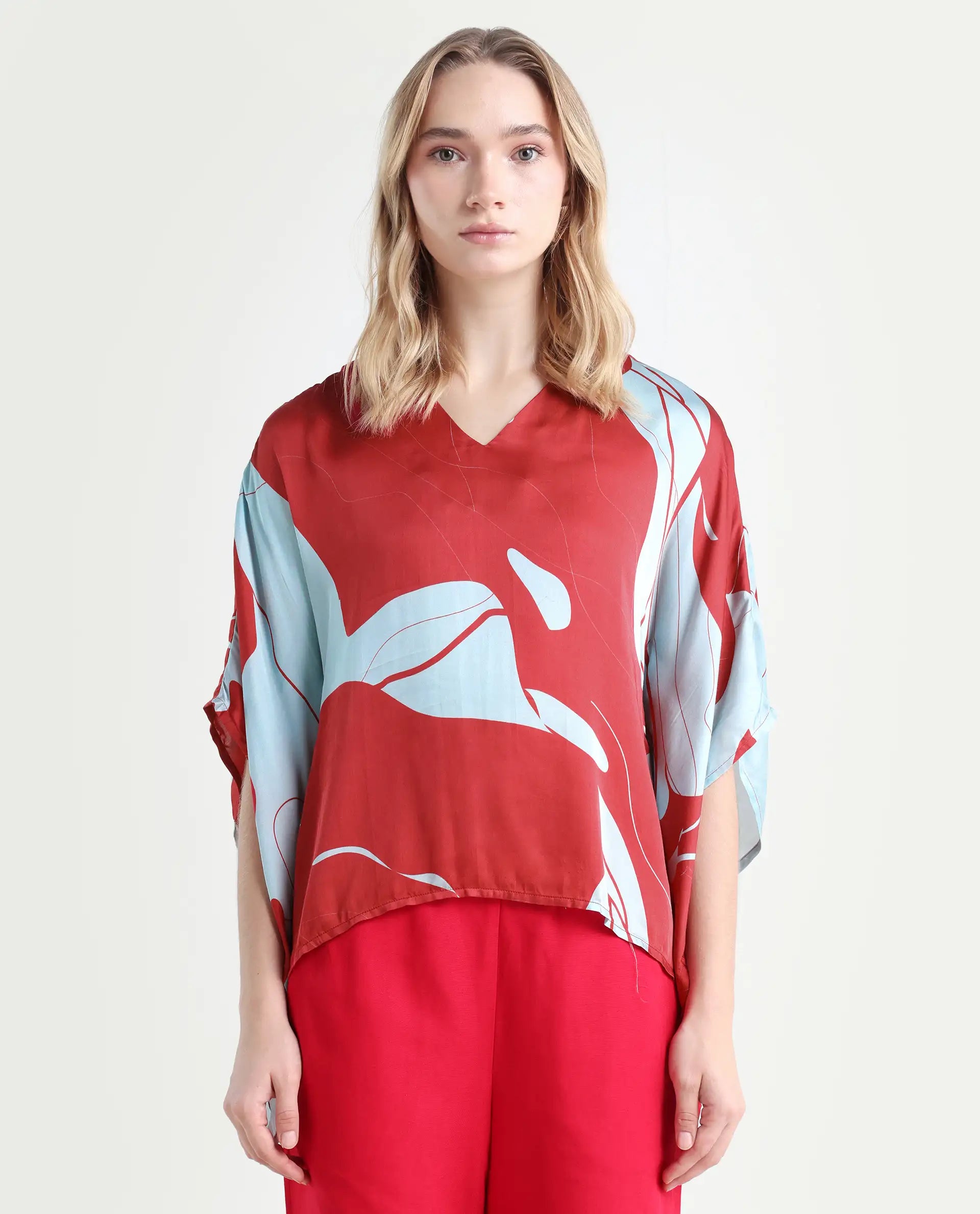 Rareism Women's Alyse Maroon Modal V-Neck Abstract Print Regular Fit Top