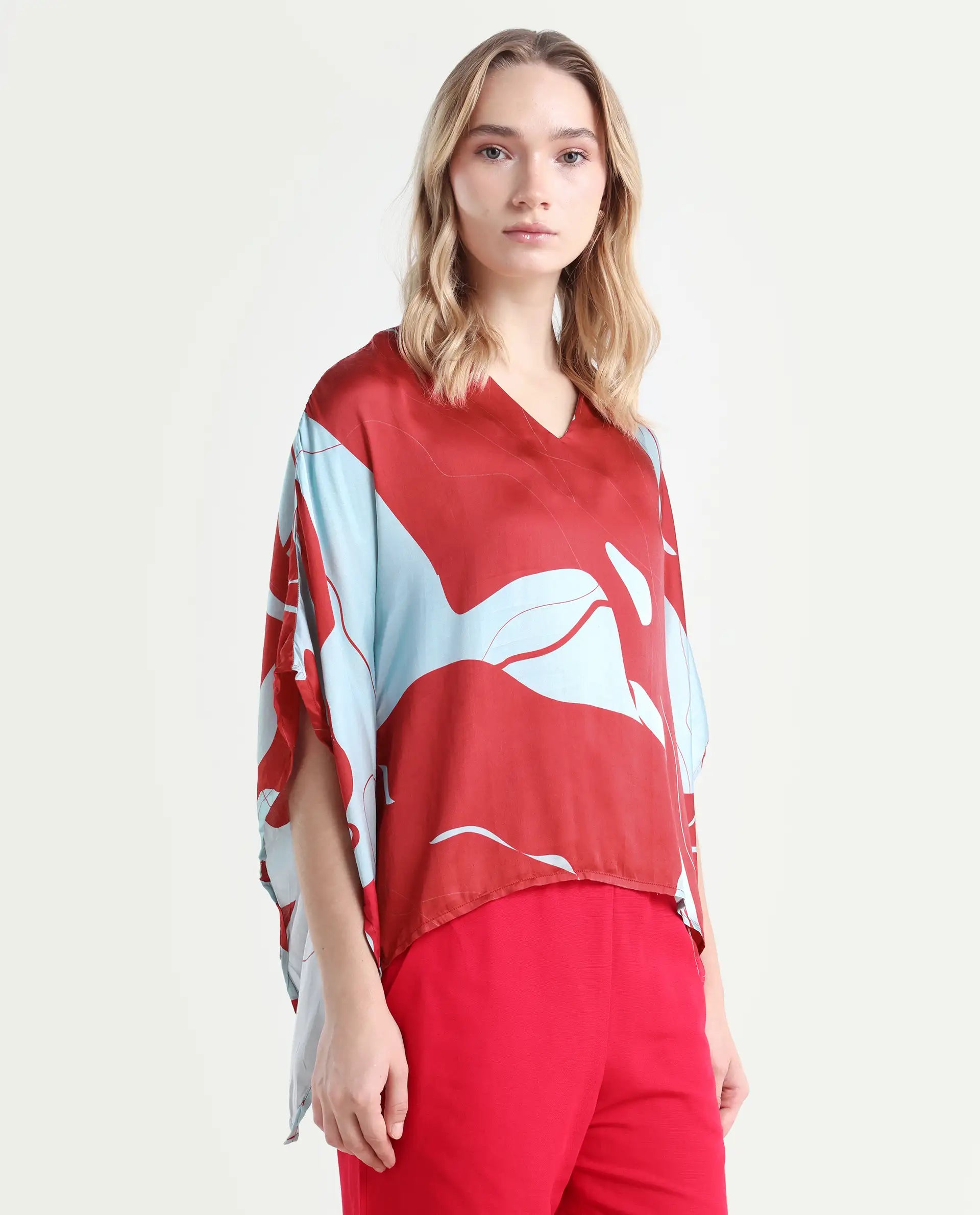 Rareism Women's Alyse Maroon Modal V-Neck Abstract Print Regular Fit Top