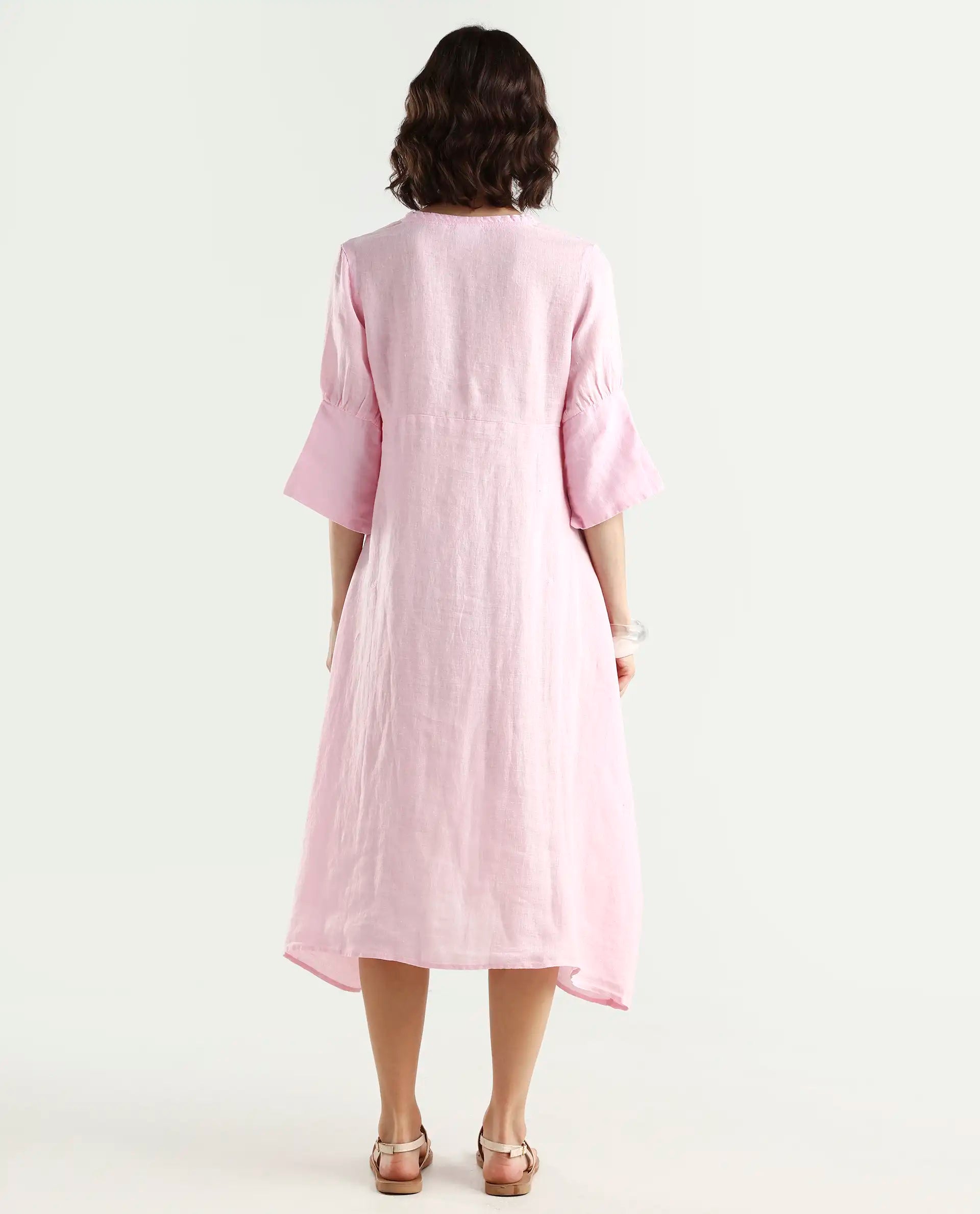 Rareism Women's Chreey 1 Pink Linen V-Neck Plain Extended Sleeves Knee Length Relaxed Fit Dress