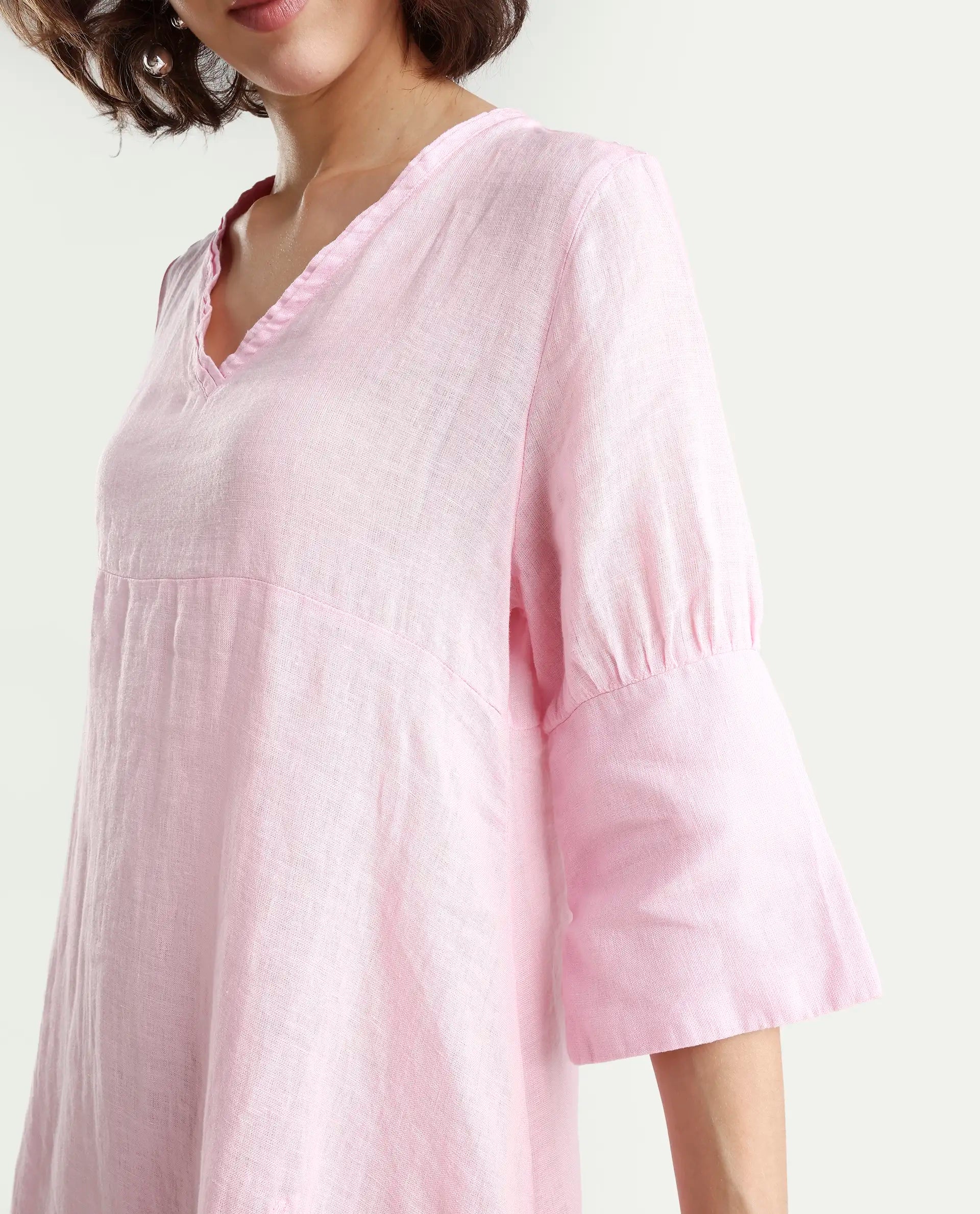 Rareism Women's Chreey 1 Pink Linen V-Neck Plain Extended Sleeves Knee Length Relaxed Fit Dress