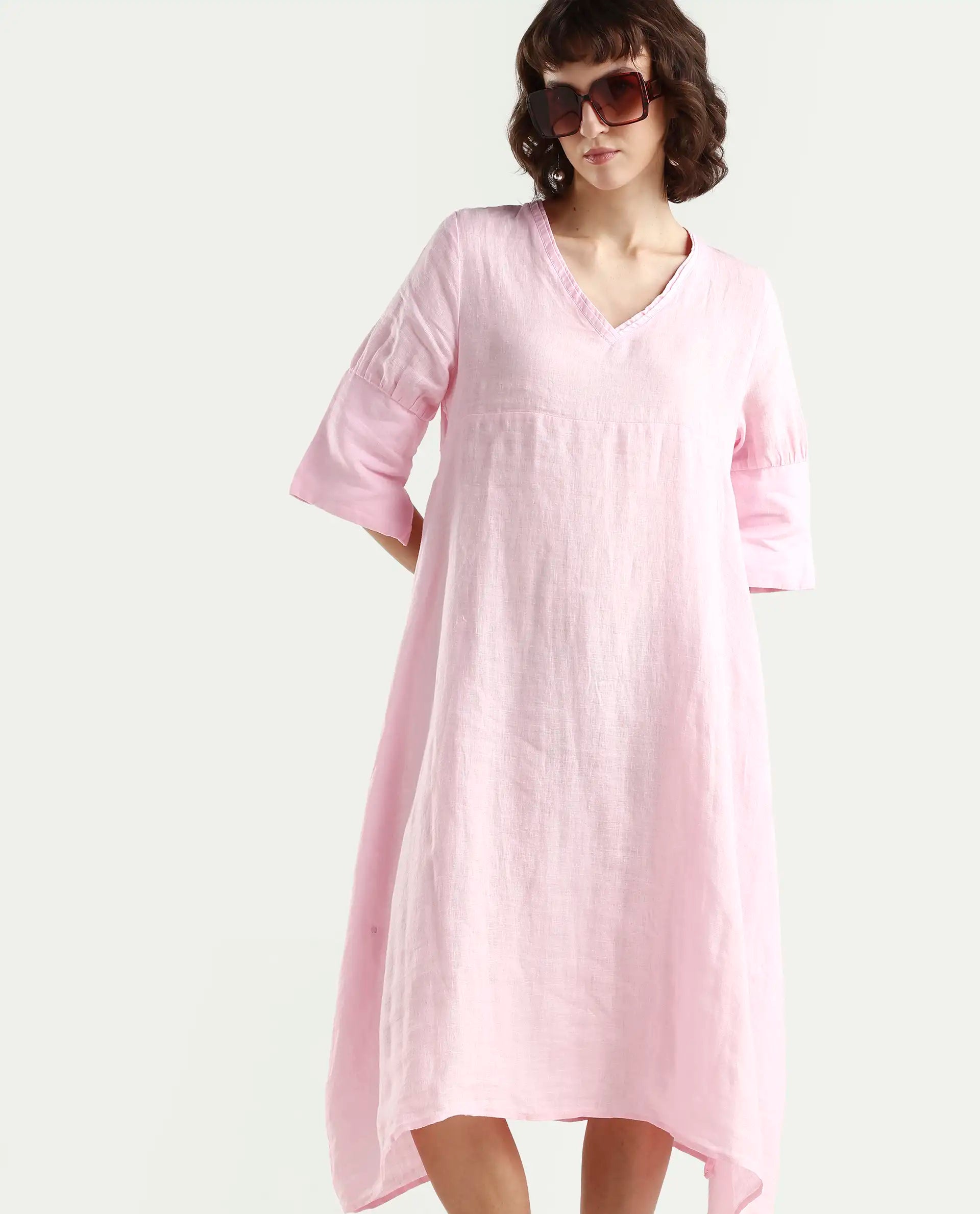 Rareism Women's Chreey 1 Pink Linen V-Neck Plain Extended Sleeves Knee Length Relaxed Fit Dress
