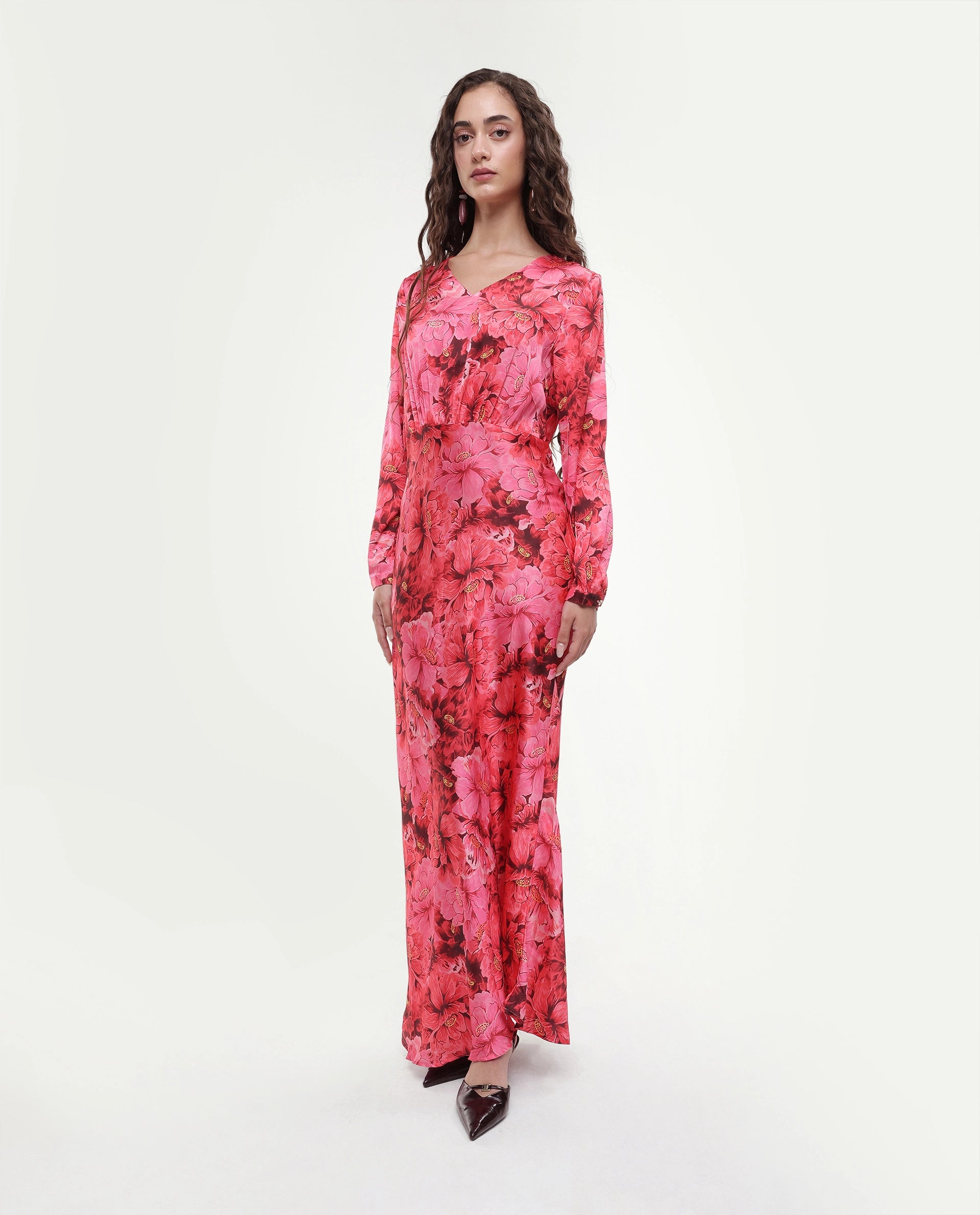 Rareism Women's Merlot Maroon Cotton V-Neck Floral Print Maxi Regular Fit Dress