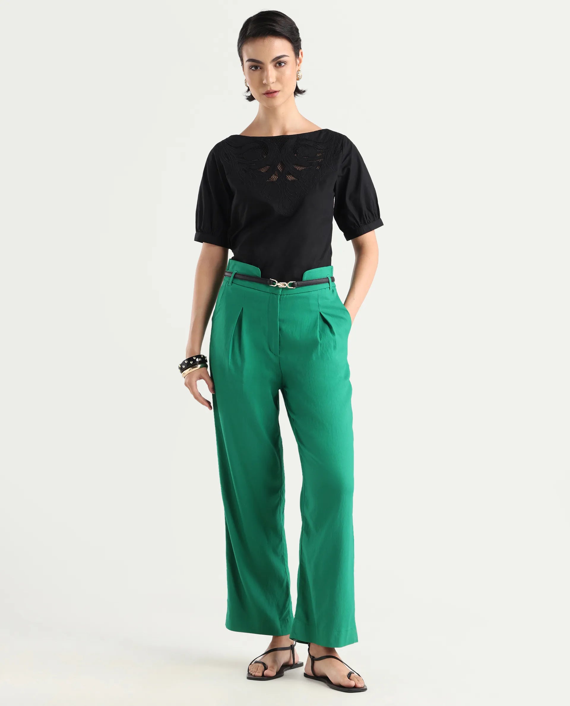 Rareism Women's Evanova Green Polyester Blend Plain Ankle Length Regular Fit Trouser