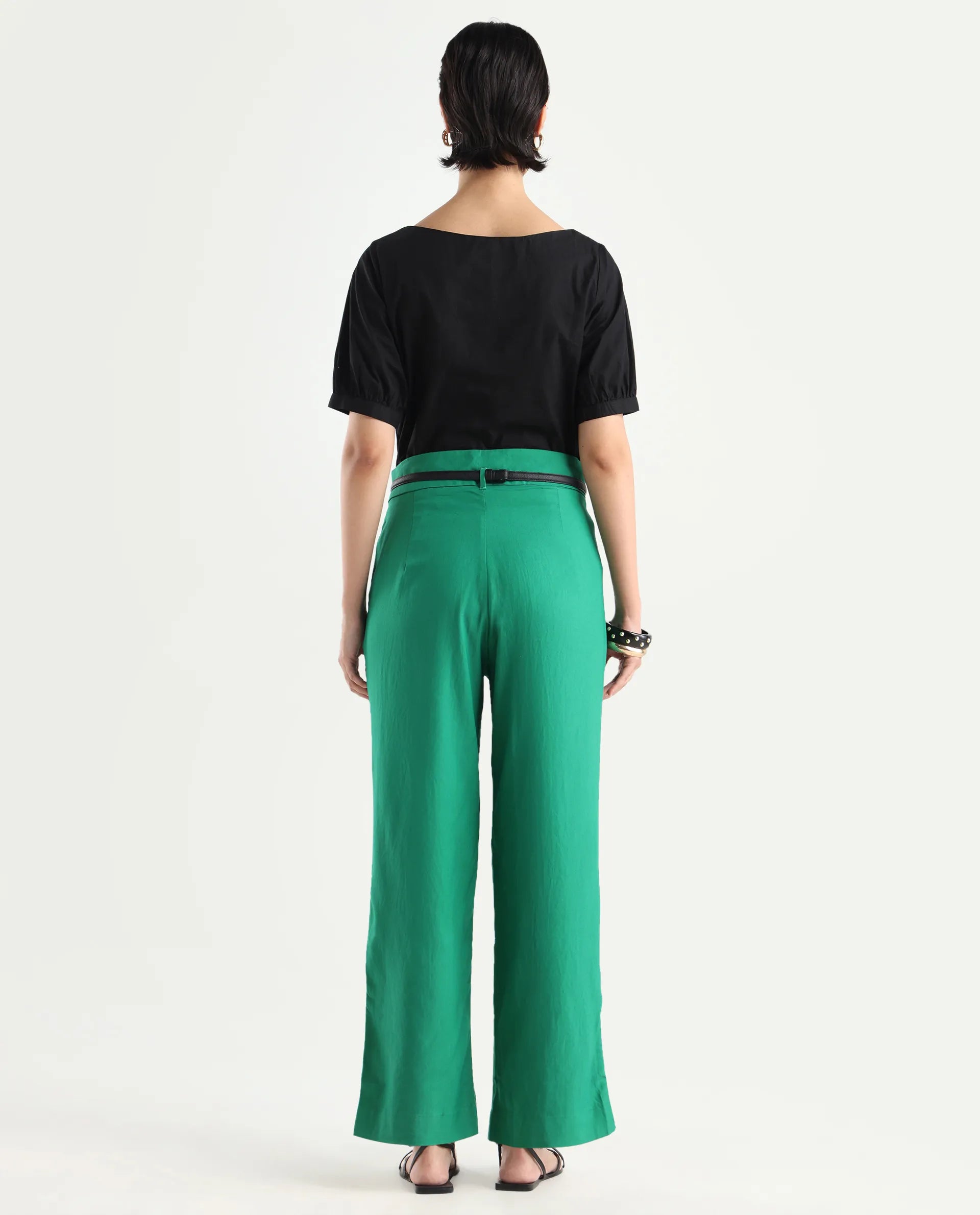 Rareism Women's Evanova Green Polyester Blend Plain Ankle Length Regular Fit Trouser