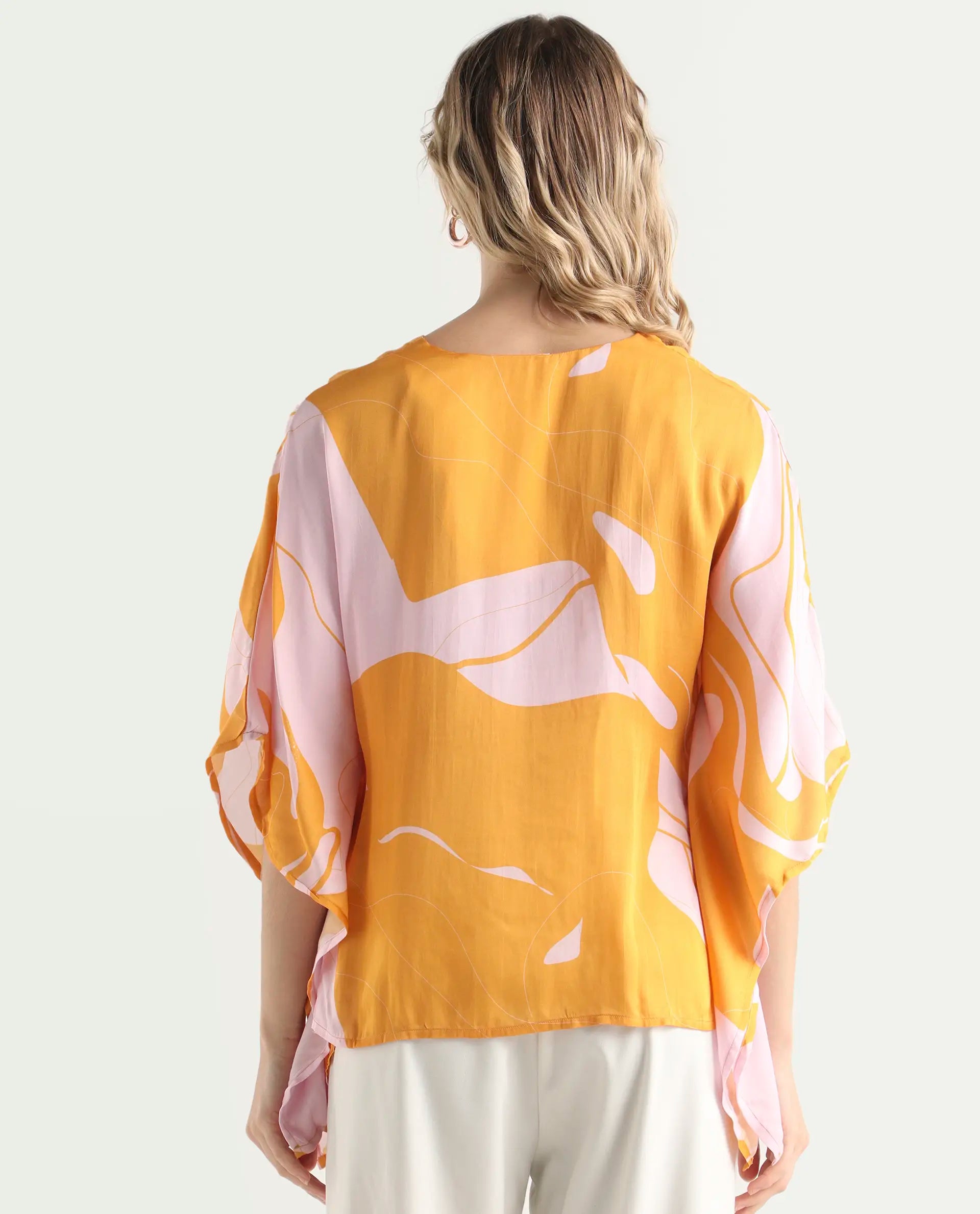 Rareism Women's Alyse Mustard Modal V-Neck Abstract Print Regular Fit Top