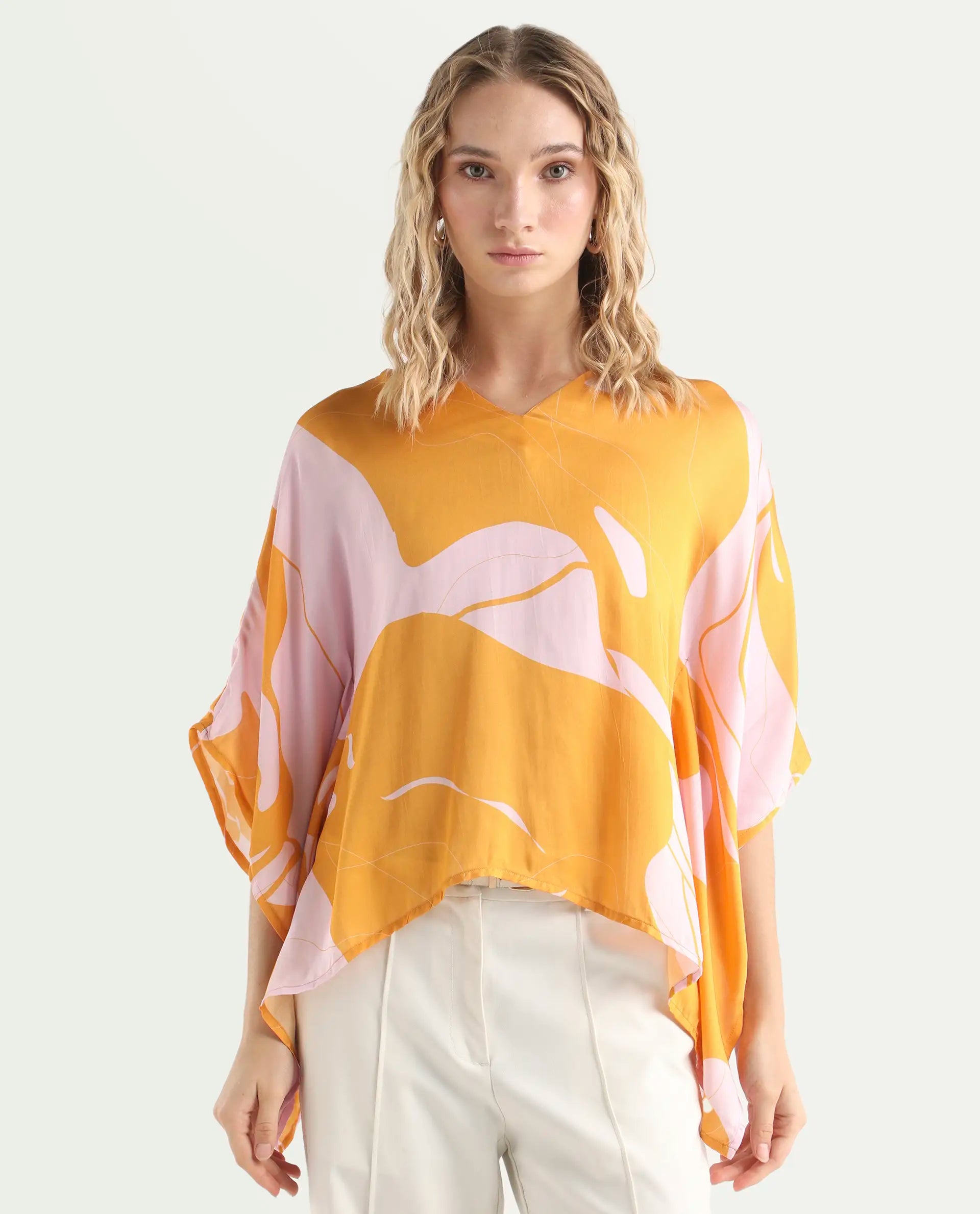 Rareism Women's Alyse Mustard Modal V-Neck Abstract Print Regular Fit Top