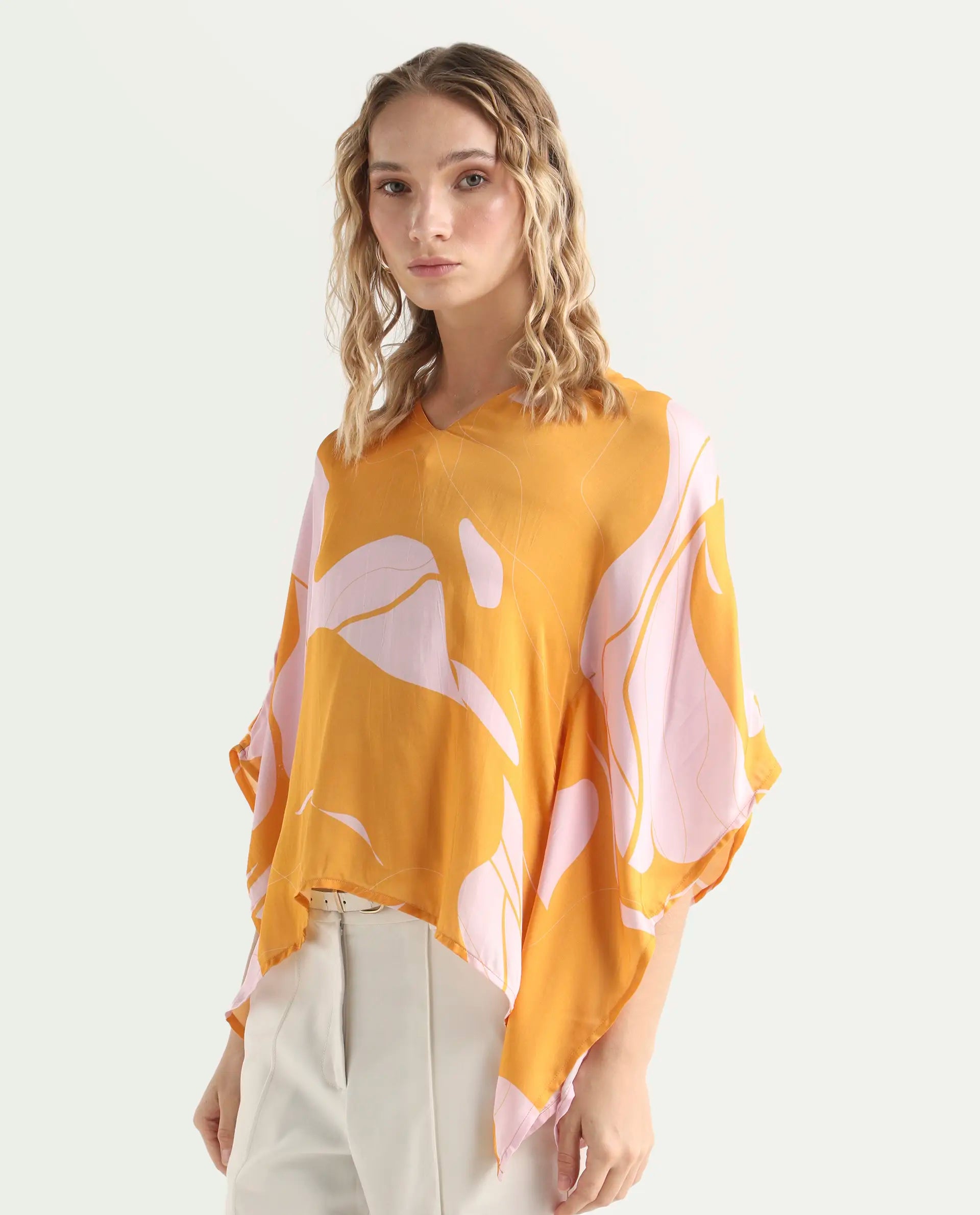 Rareism Women's Alyse Mustard Modal V-Neck Abstract Print Regular Fit Top